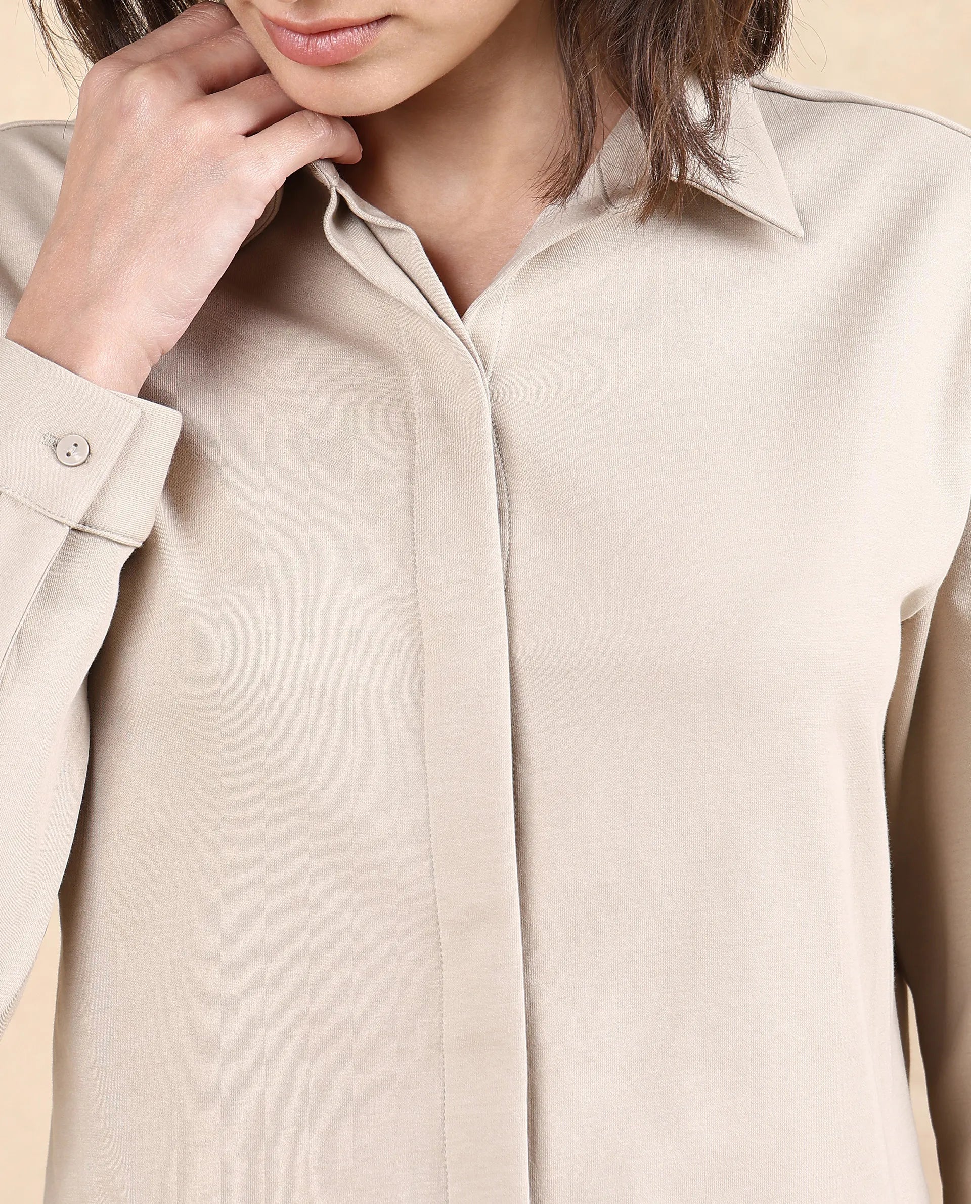 Rareism Women Ellery Beige Cotton Blend Fabric Full Sleeve Collared Neck Button Closure Plain Shirt - view 2