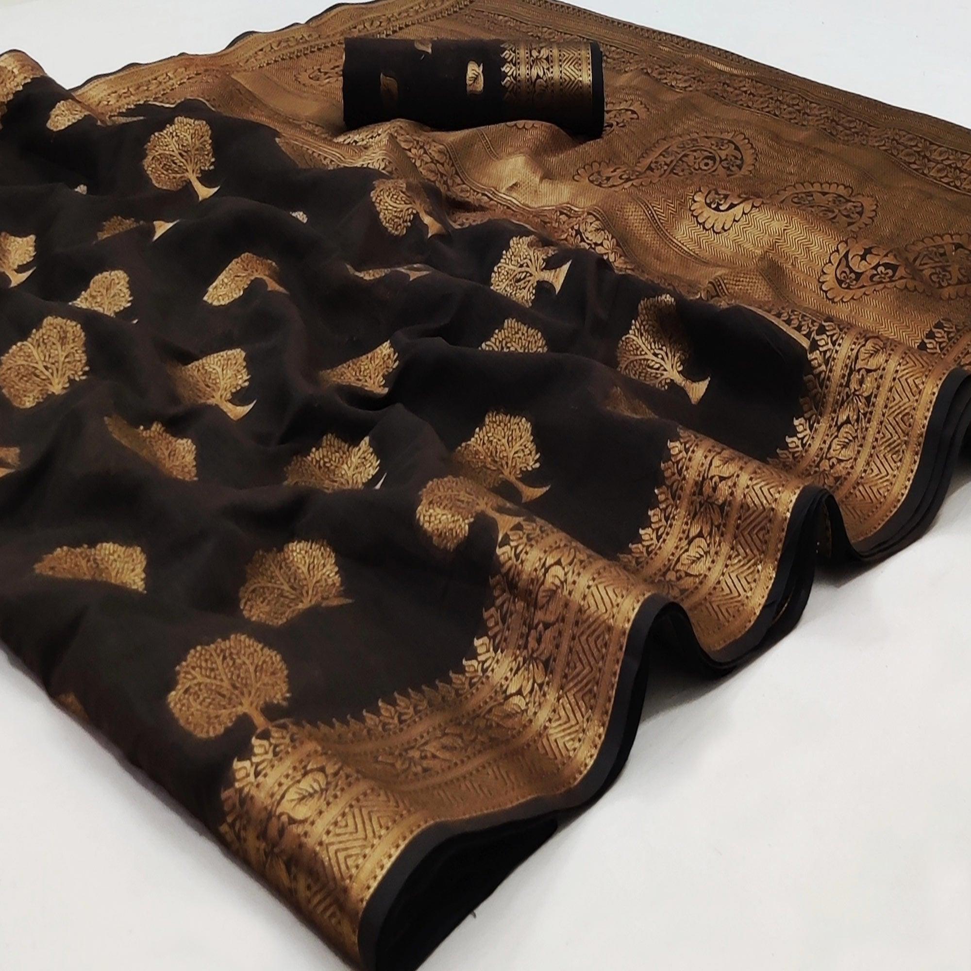 Peachmode Dark Brown Festive Wear Woven Cotton Silk Saree With Jacquard Border