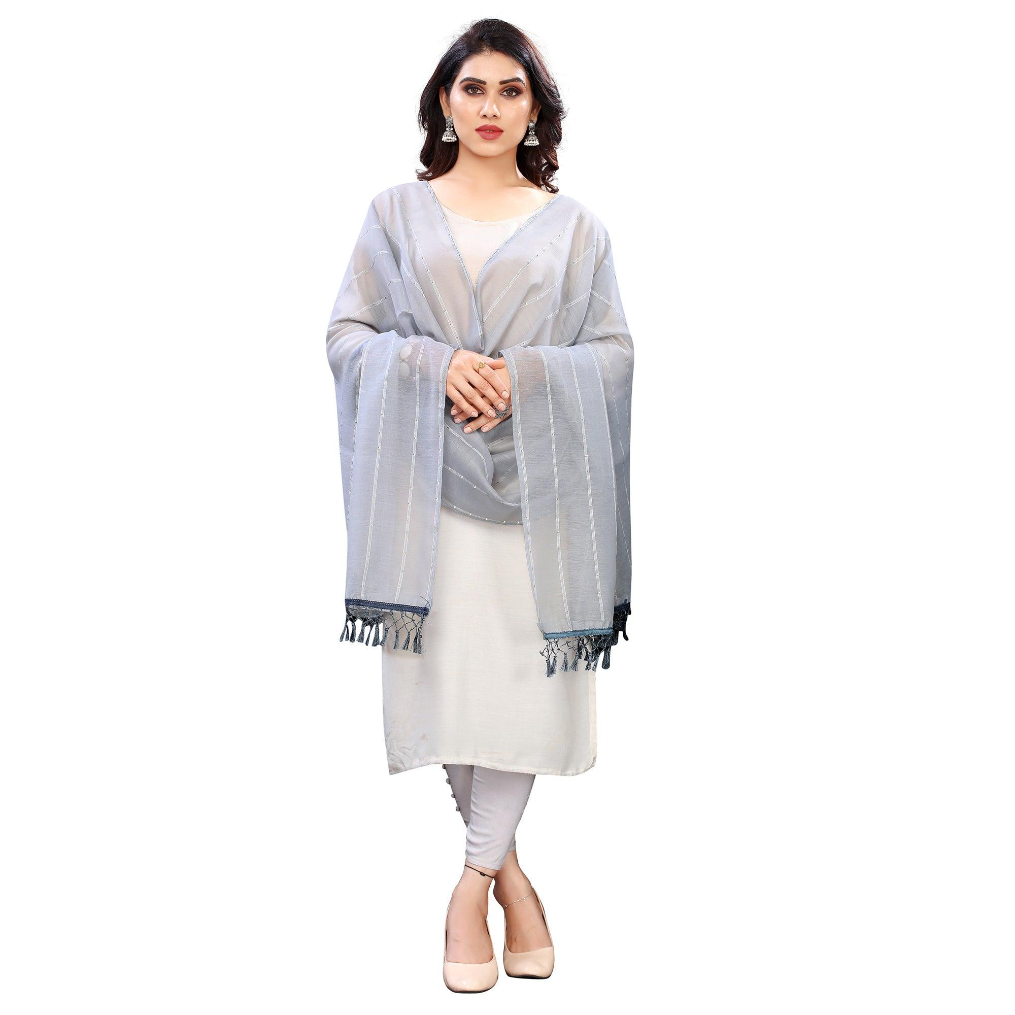 Peachmode Seller Grey Stripes Woven Sequins Festive Wear Cotton Silk Dupatta