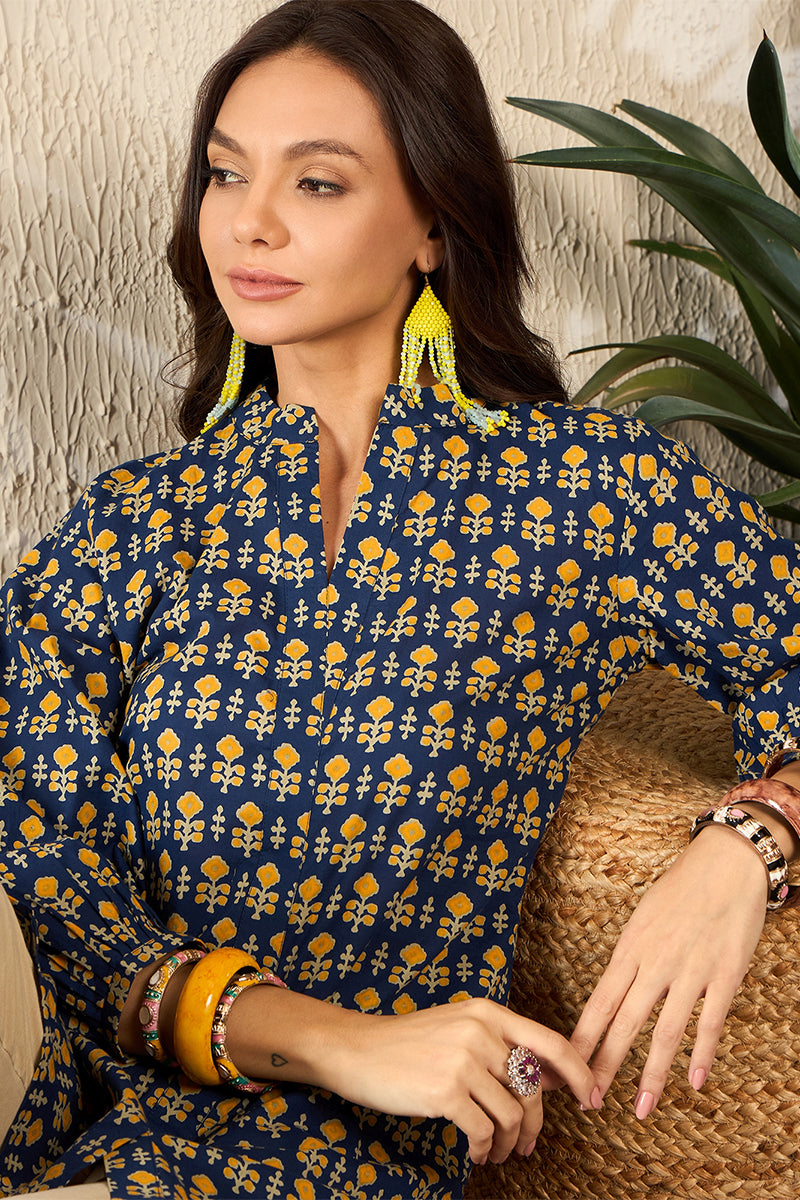 Ahika Blue Cotton Blend Ethnic Motifs Printed Regular Kurti Tunics VT1318