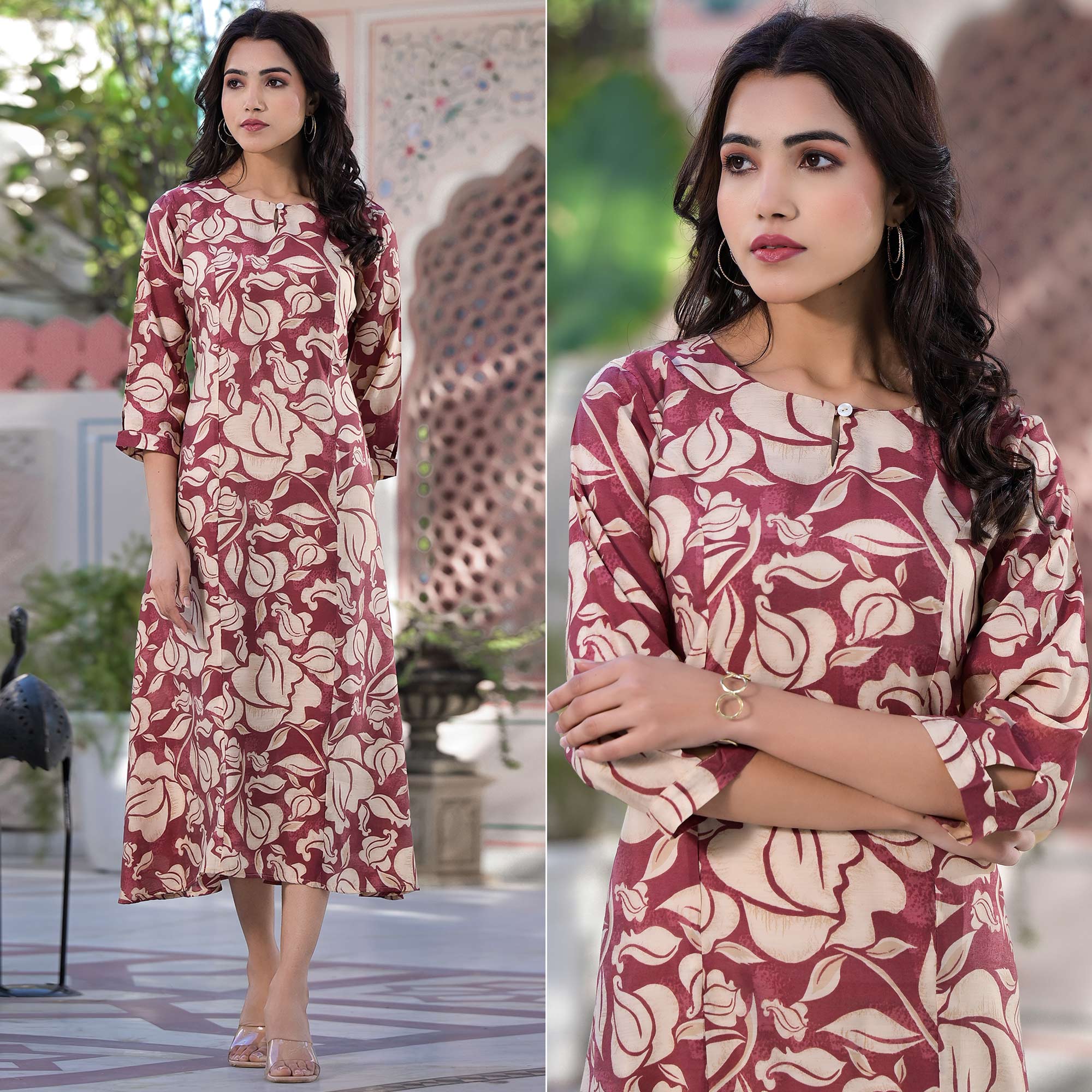Peachmode Maroon Floral Printed Chanderi Silk Dress