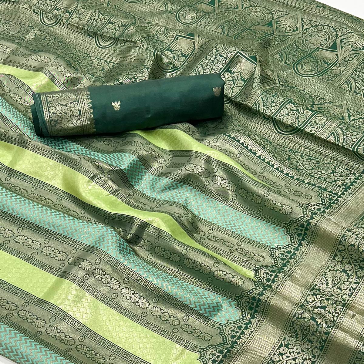 Peachmode Mineral Green Zari Weaving Kanjivaram Silk Saree - view 2
