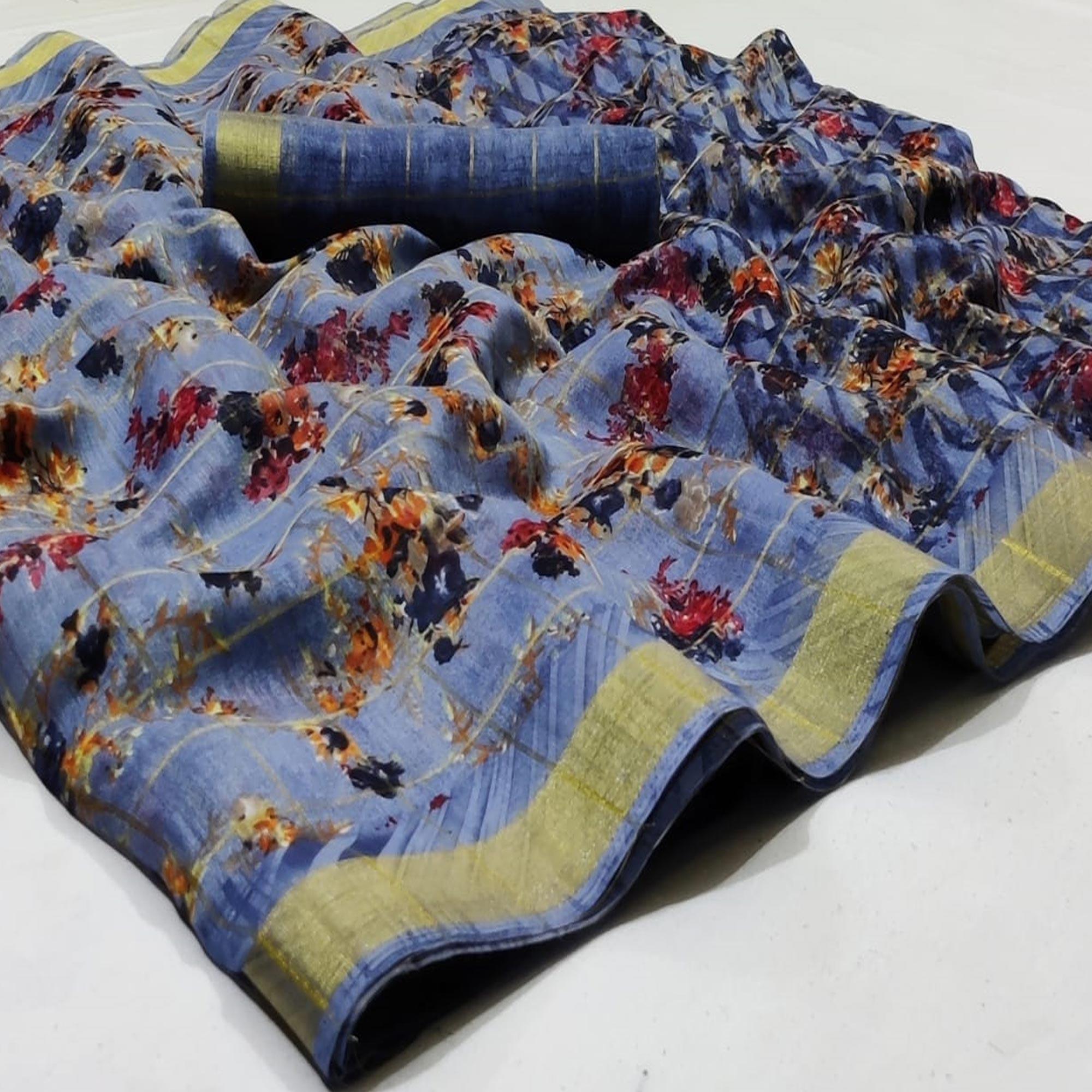 Peachmode Ideal Light Blue Colored Casual Wear Fancy Printed Cotton Saree