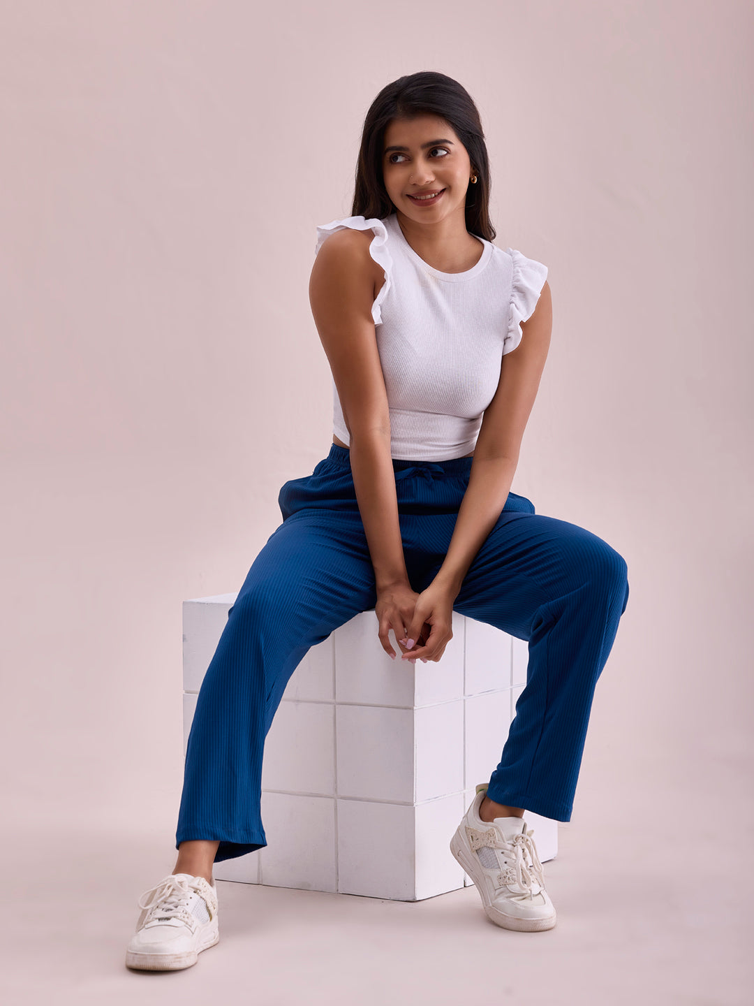 Go Colors Women Solid Turquoise Blue Mid Rise Casual Rib Pants - view 4