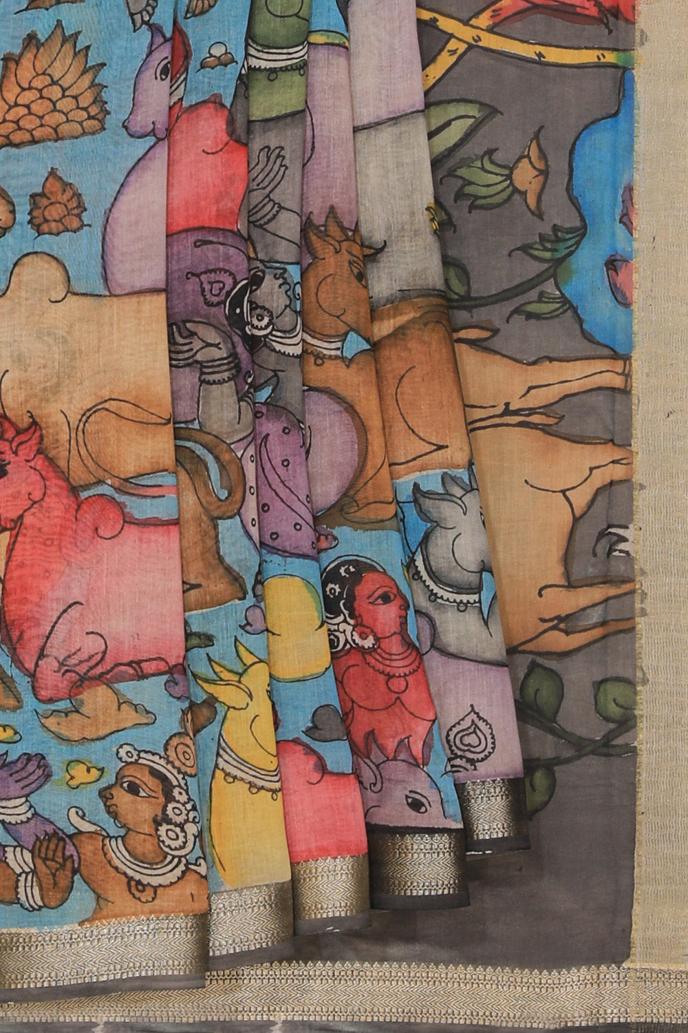 Kalanjali Kalamkari Hand-Painted Grey Saree – Women's