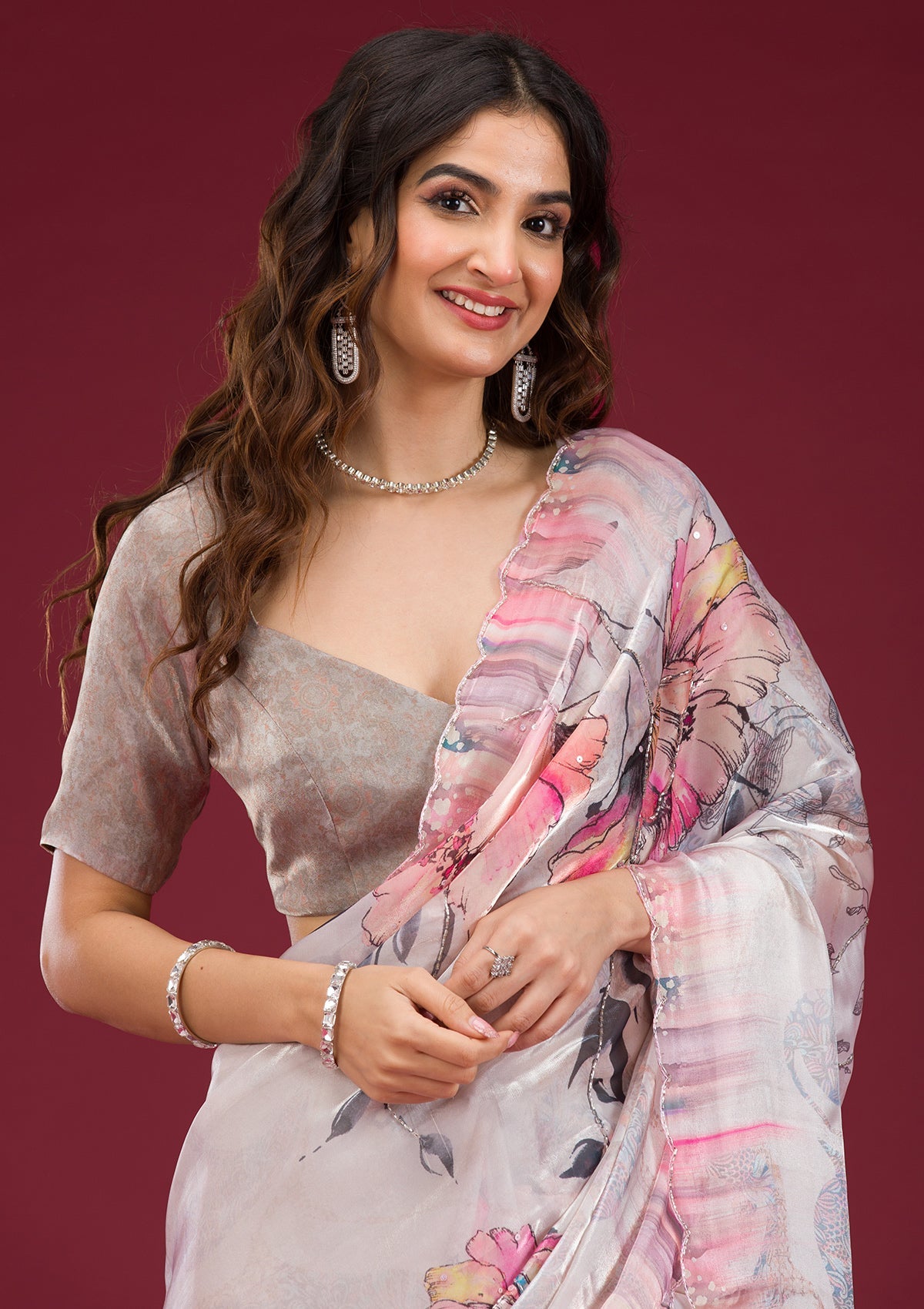 Koskii Cream Printed Tissue Saree – Women's - view 6