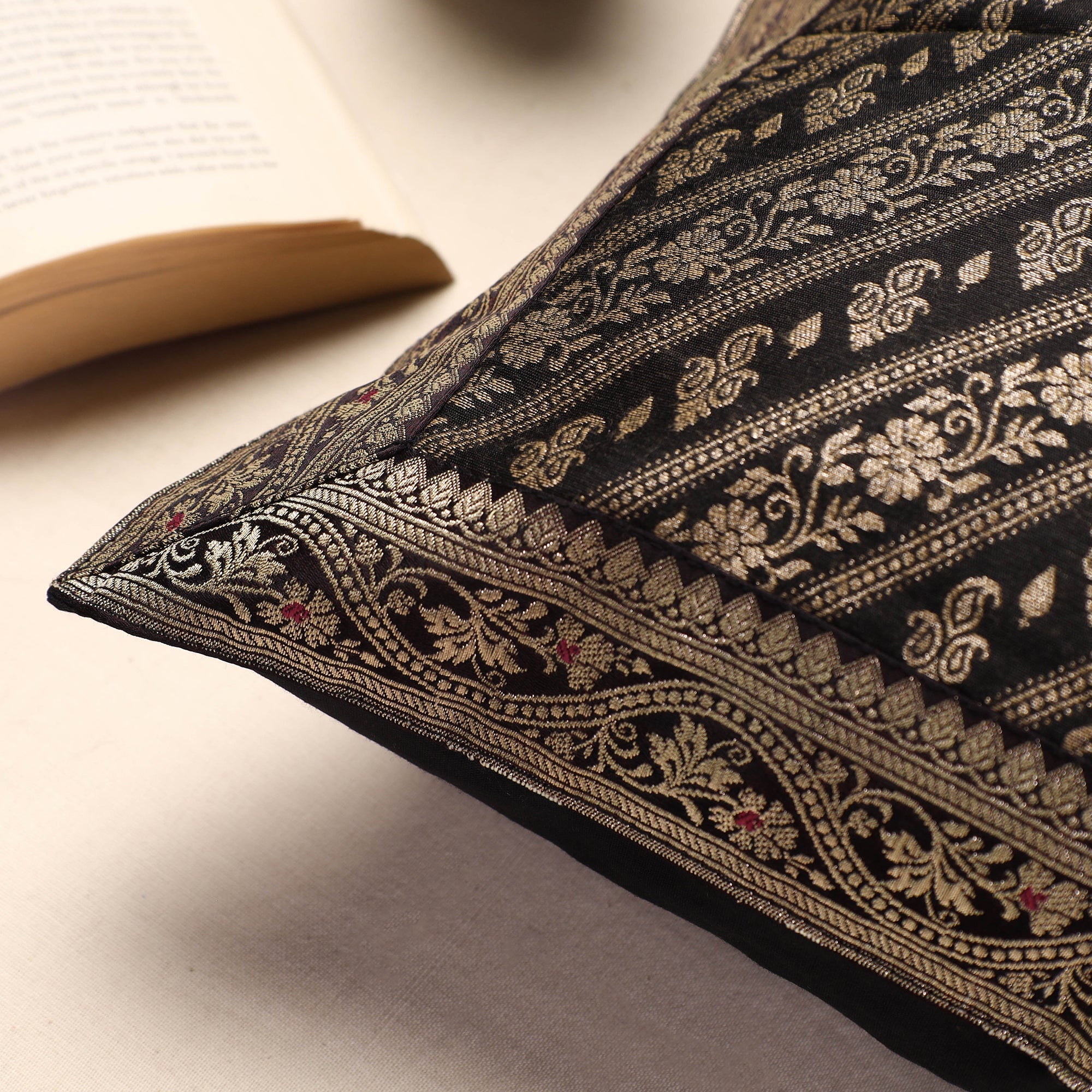 BANARASI BY MAQBUL HASAN Black - Banarasi Handwoven Silk Zari Cushion Cover (16 x 16 in) - view 2