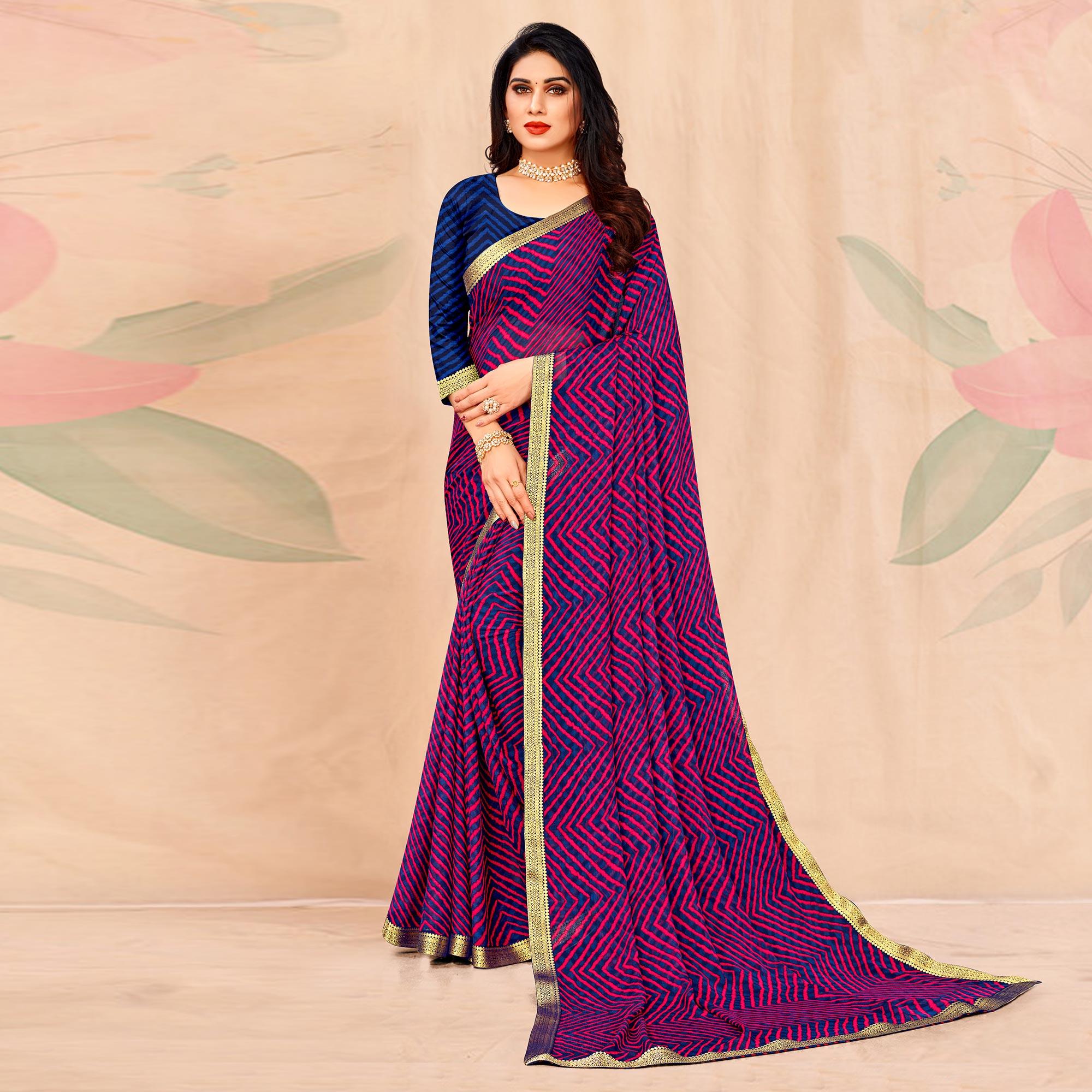 Peachmode Blue-Purple Geometric Printed Chiffon Saree