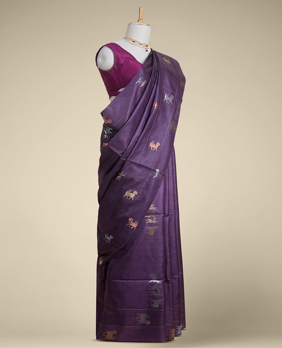 Pothys purple animal motifs tussar silk saree with self zari border - view 2