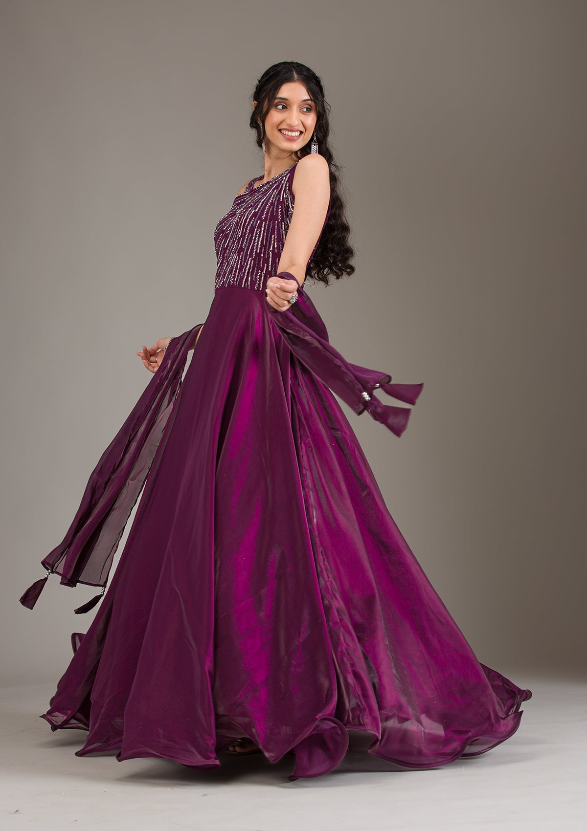 Koskii Wine Stonework Satin Gown