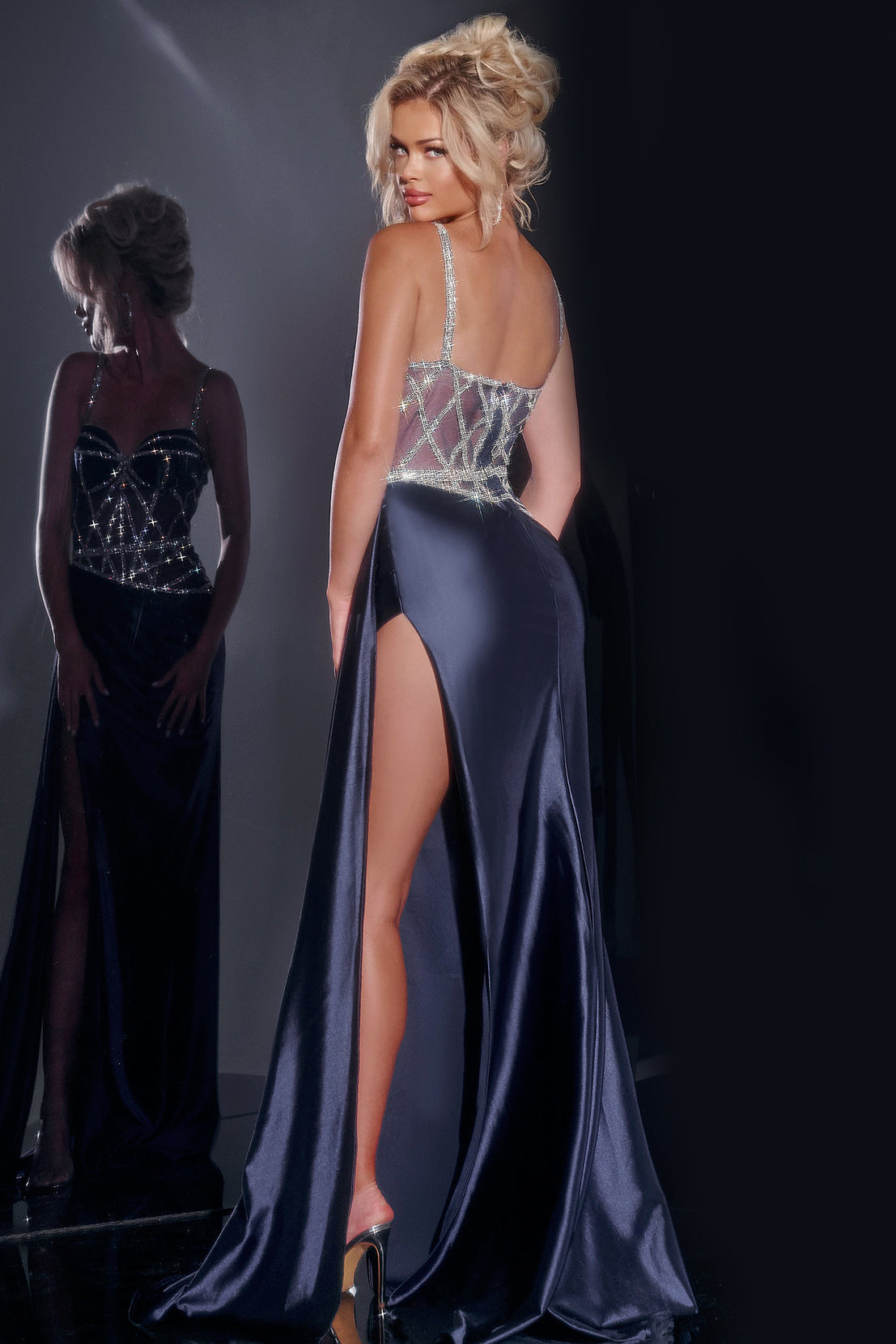 Beaded Satin Fitted Corset Slit Gown by Jovani 40506 - view 2
