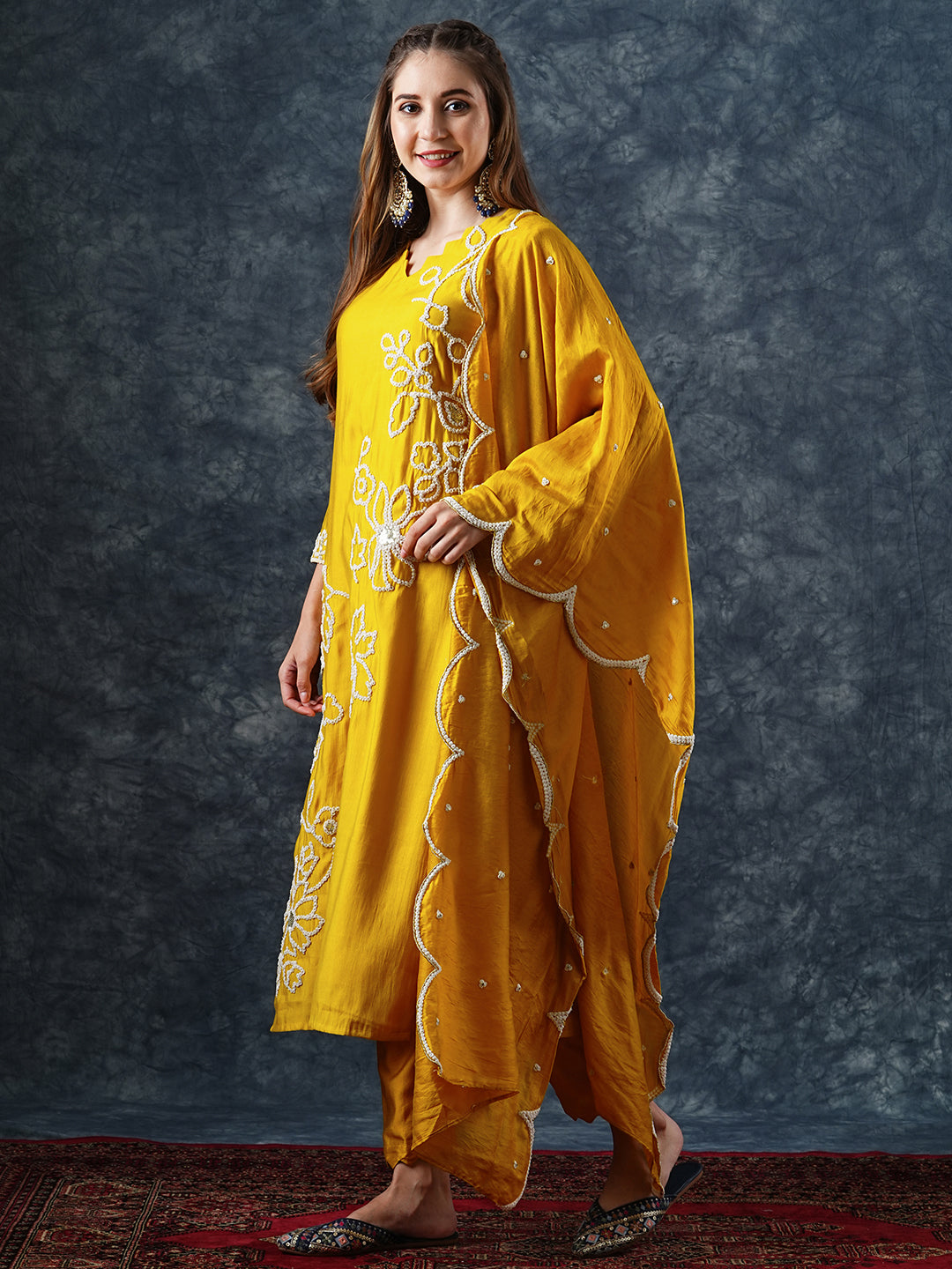 Fashor Solid Floral Dori Embroidered Straight Kurta with Pant & Dupatta - Yellow - view 5