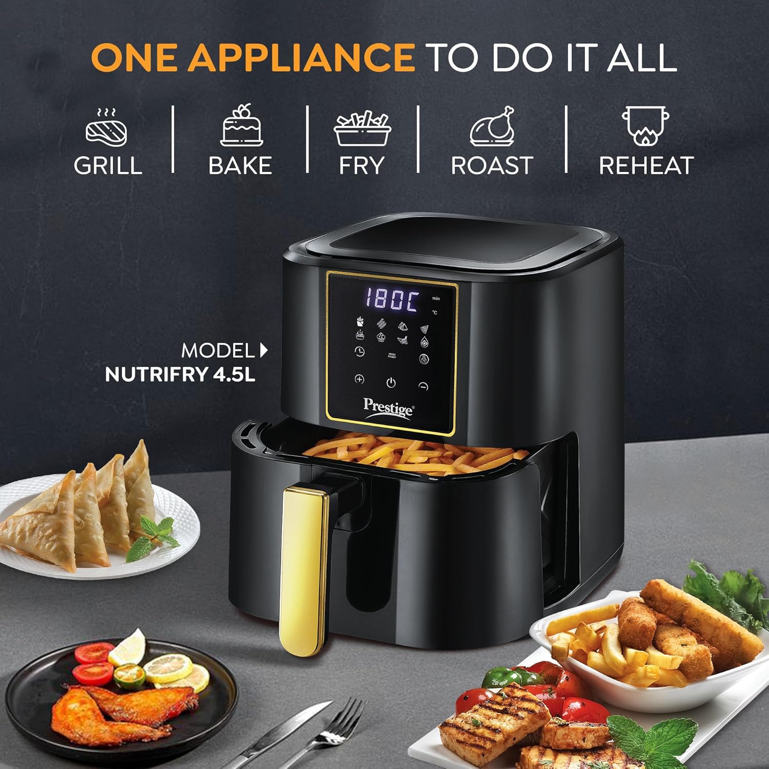 Prestige Nutrifry Electric Digital Air Fryer | 80% less Oil Consumption | 4.5L Capacity | 1200 Watts Power - view 2