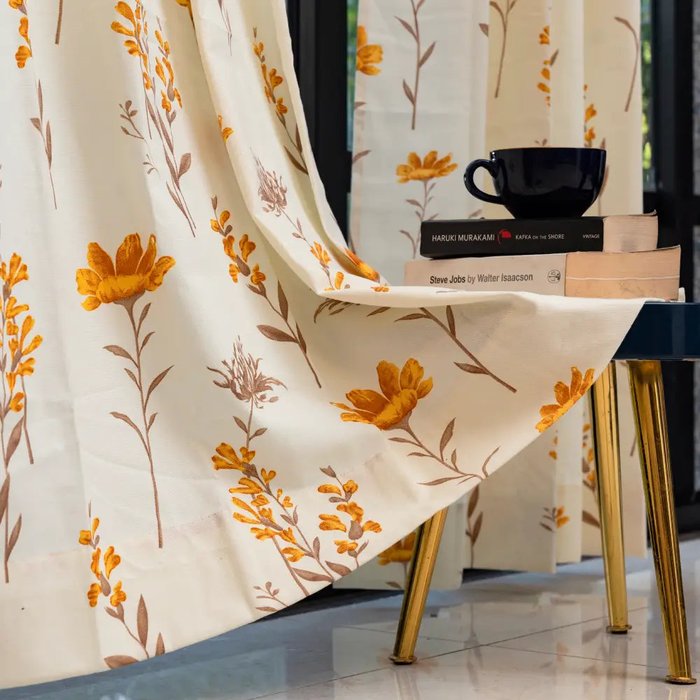 Urban Space -Home Furnishing Store 100% Cotton Curtains for Living Room, Bedroom curtains - Pack of 2 curtains, Orchid Blooms - Yellow - view 5