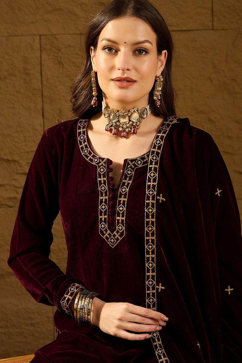 Ahika Purple Velvet Solid Embroidered Straight Palazzo Suit Set PKSKD2273 - view 2