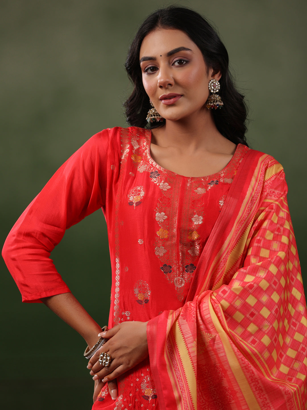 Fashor Ethnic Jacquard Straight Fit Kurta with Pant & Printed Dupatta - Coral Red - view 2