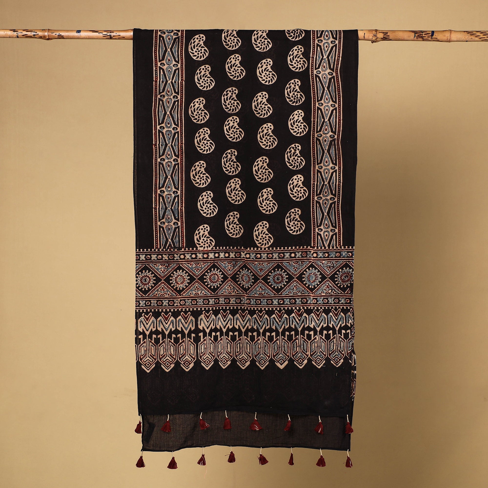 RIYAZ ABDULMAJID KHATRI - AJRAKH Black - Ajrakh Block Printed Mul Cotton Stole with Tassels - view 2