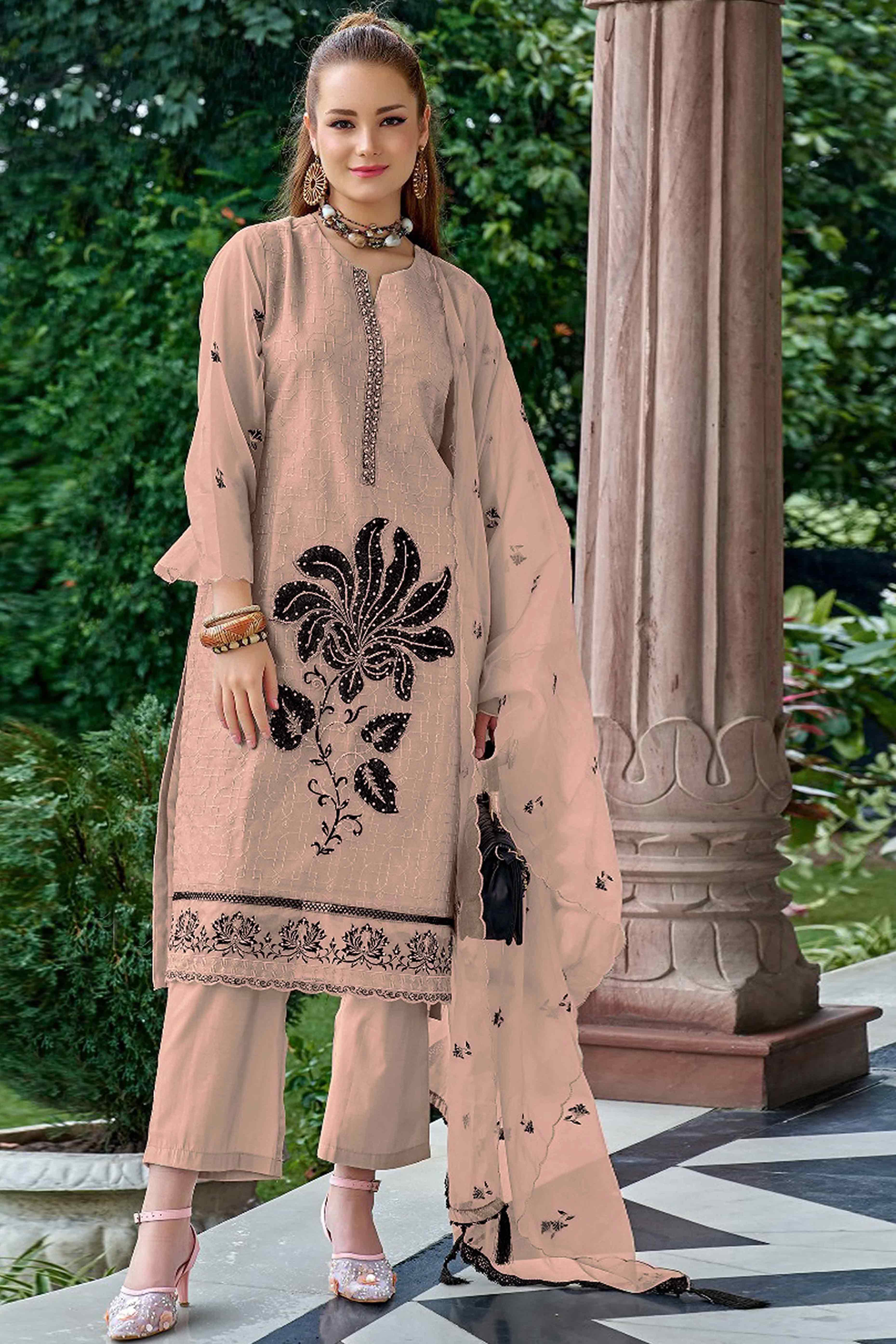 Peachmode Chikoo Floral Sequins Embroidered Organza Semi Stitched Pakistani Suit