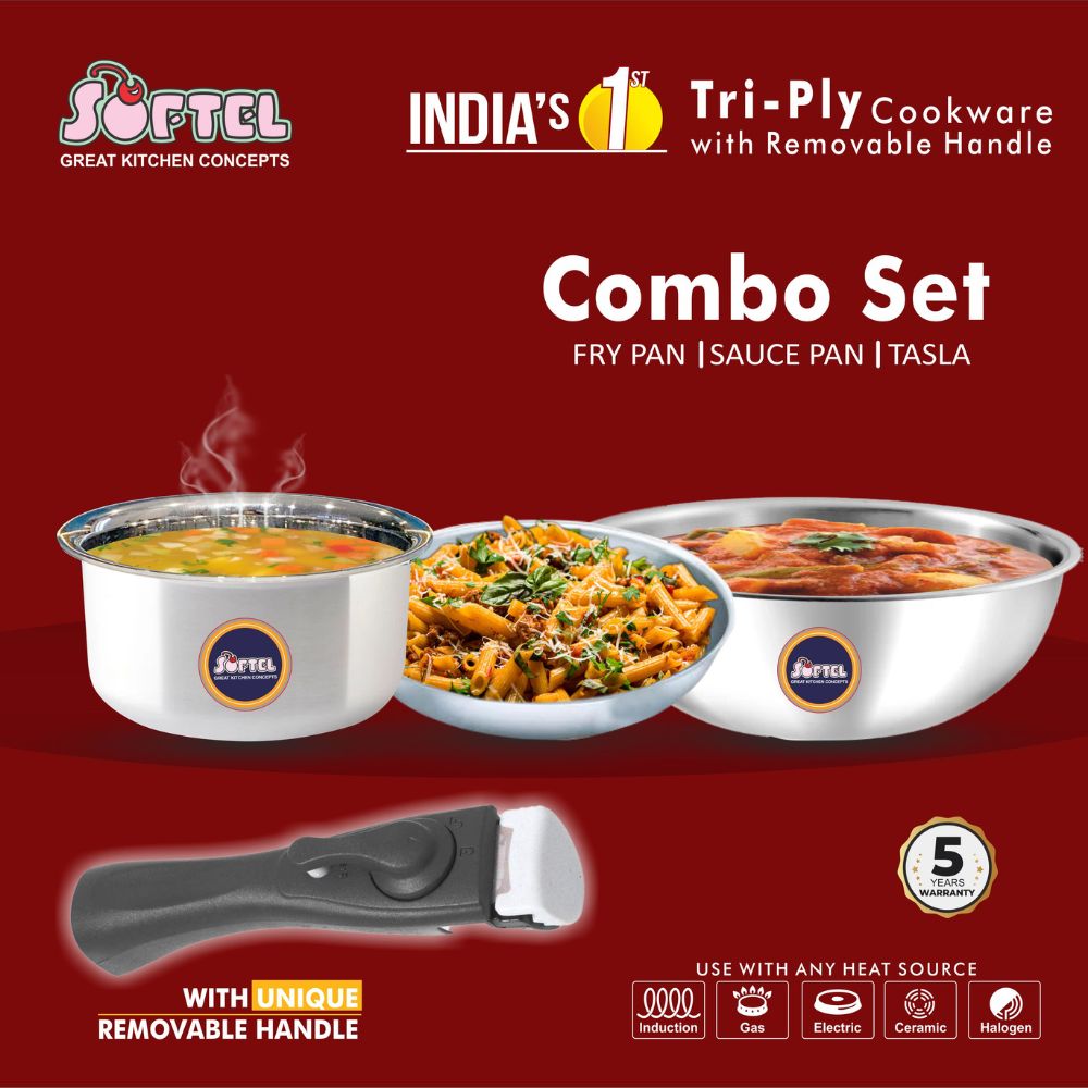 Softel Tri-Ply Cookware Combo with Removable Handle (Tasla + Fry Pan + Sauce Pan + Removable Handle) | Gas & Induction Compatible | Set of 4 Pcs - view 7