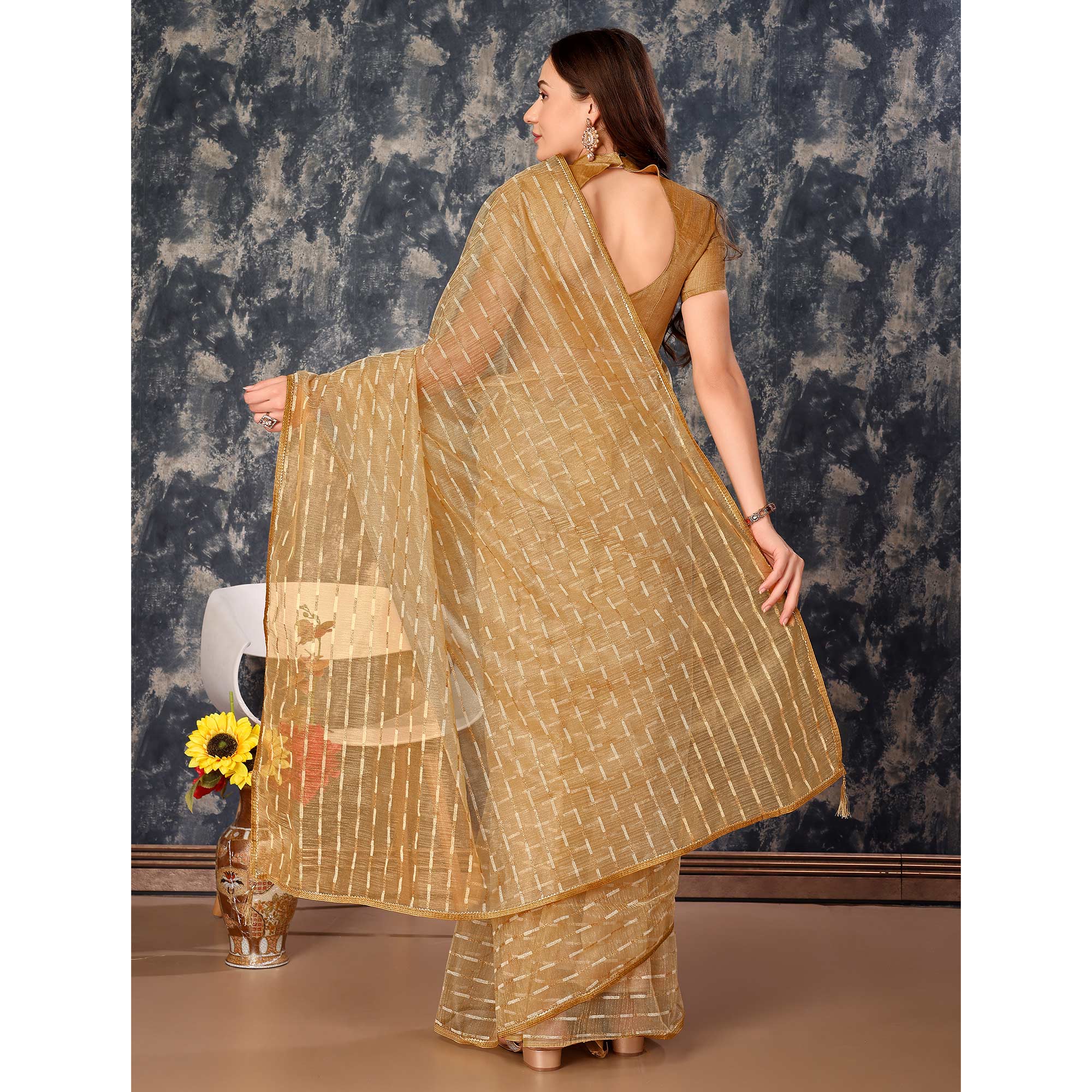 Peachmode Chikoo Zari Printed Cotton Silk Saree Lace Border - view 6