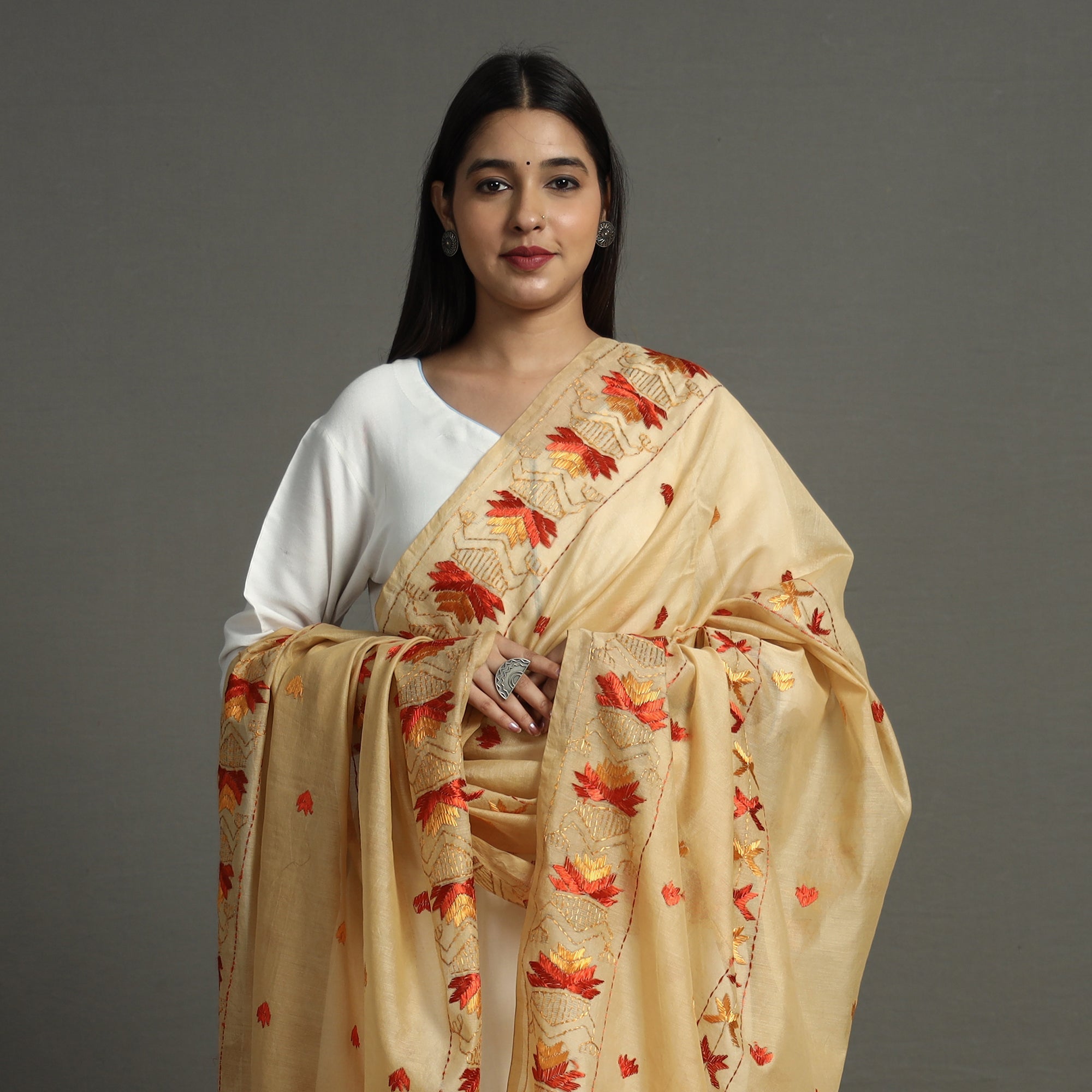 ITOKRI CRAFTS INITIATIVE Beige - Phulkari Hand Embroidery Chanderi Silk Cotton Dupatta 24 - view 3