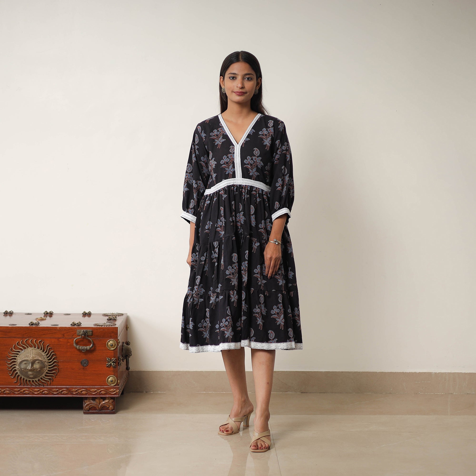 ITOKRI CASUALS Black - Hand Block Print Cotton Tiered Ajrakh Dress 18 - view 5