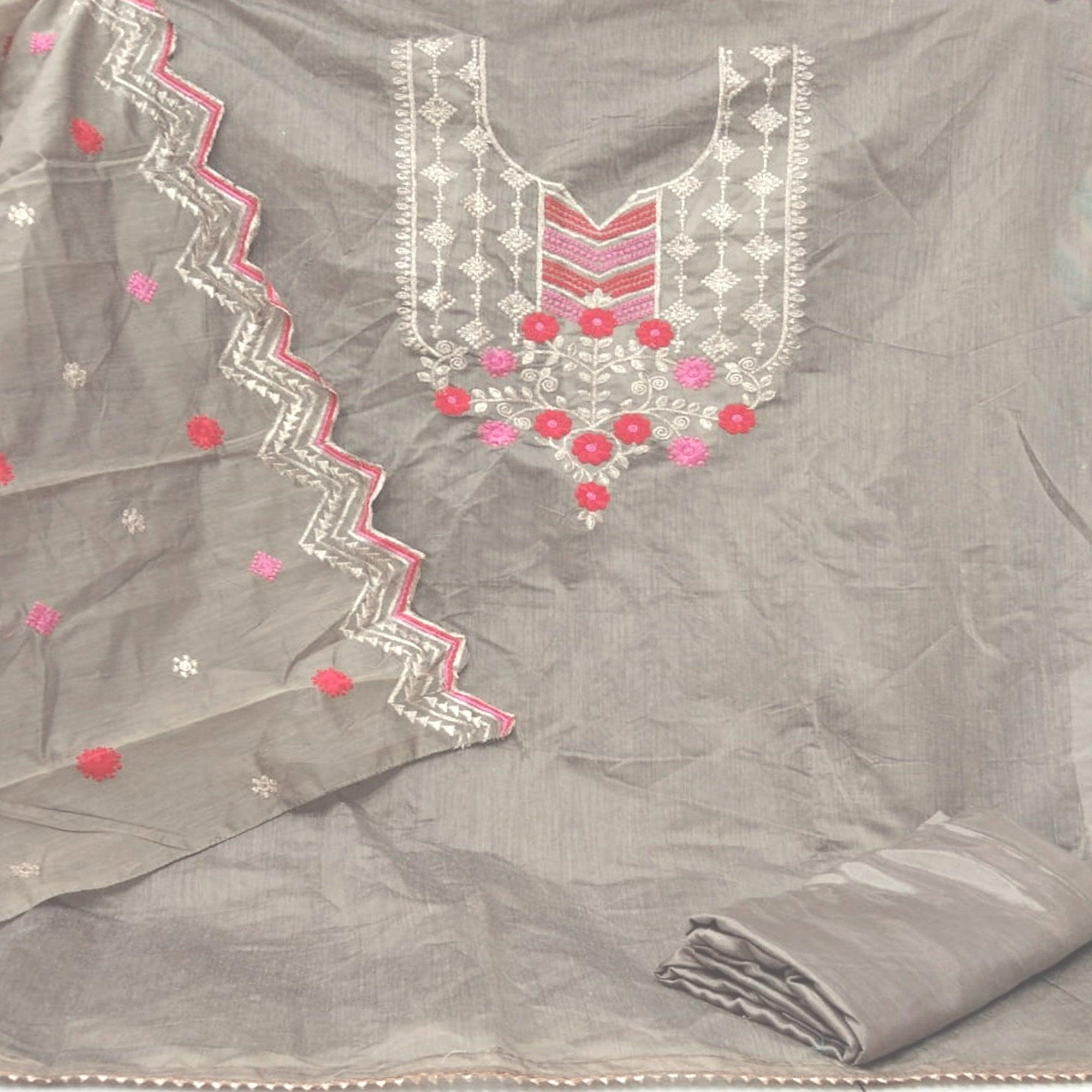 Peachmode Flaunt Beige Colored Casual Wear Embroidered Chanderi Dress Material - view 2