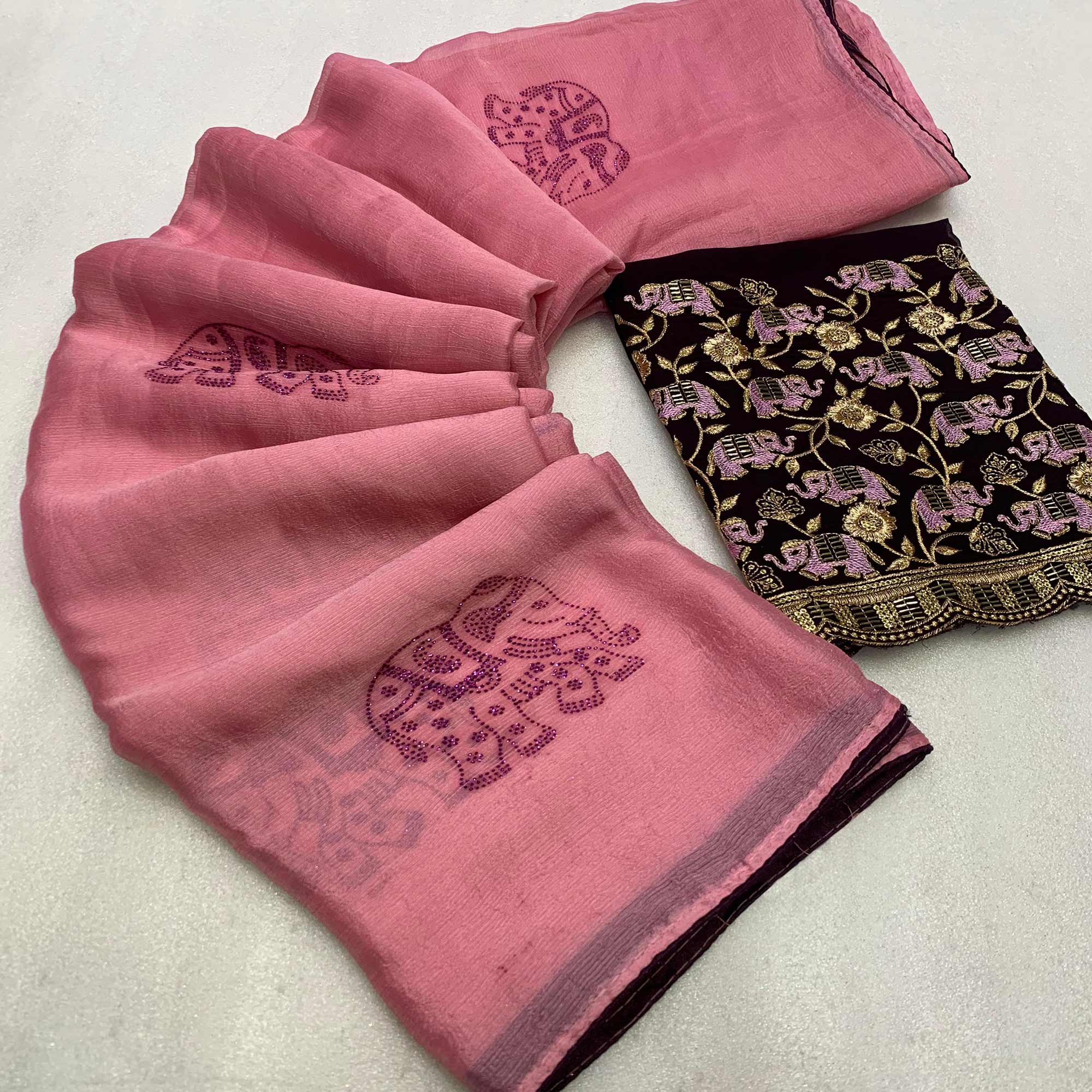 Peachmode Pink Swarovski Embroidered Art Silk Saree