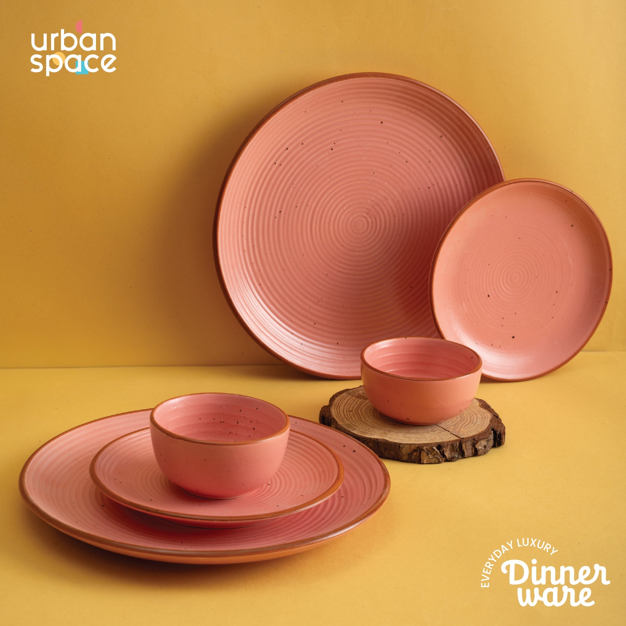 Urban Space Home Furnishing Handmade Ceramic Full dinner set for 2, 2 pieces each of dinner plate, quarter plate and katori bowls, Set of 6, Warm Pink - view 2