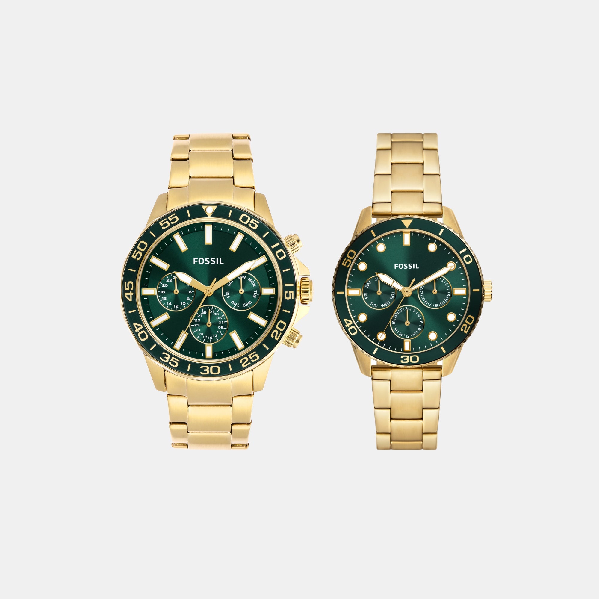 Fossil Bannon Couple Quartz Green Dial Multi-Function Stainless Steel Watch BQ2754SET