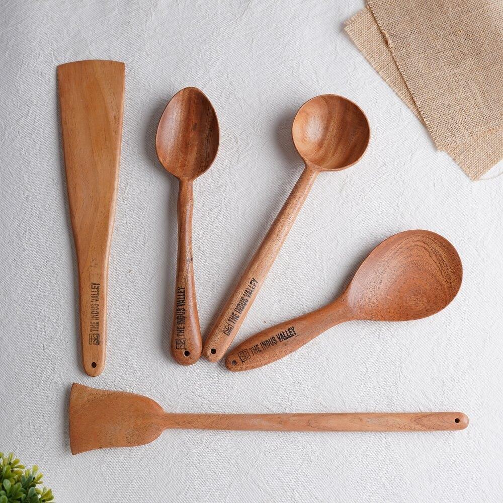 The Indus Valley 100% Natural Neem Wood Cooking & Serving Spoons/Spatula/Ladles, Set of 5, Toxin-free, Anti-microbial