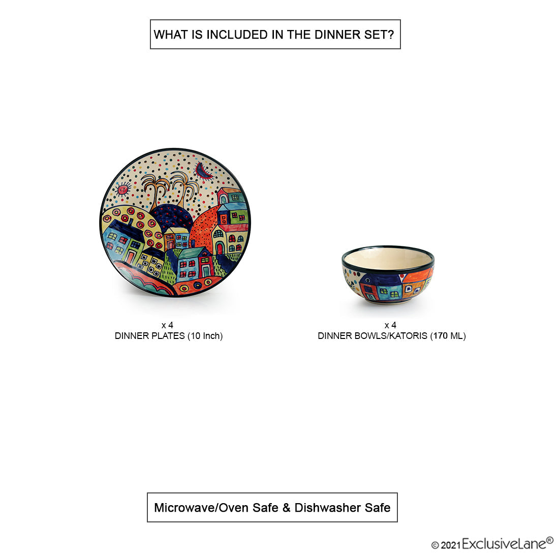 EXCLUSIVELANE 'Hut Dining' Handpainted Ceramic Dinner Plates With Katoris (8 Pieces, Serving for 4) - view 8