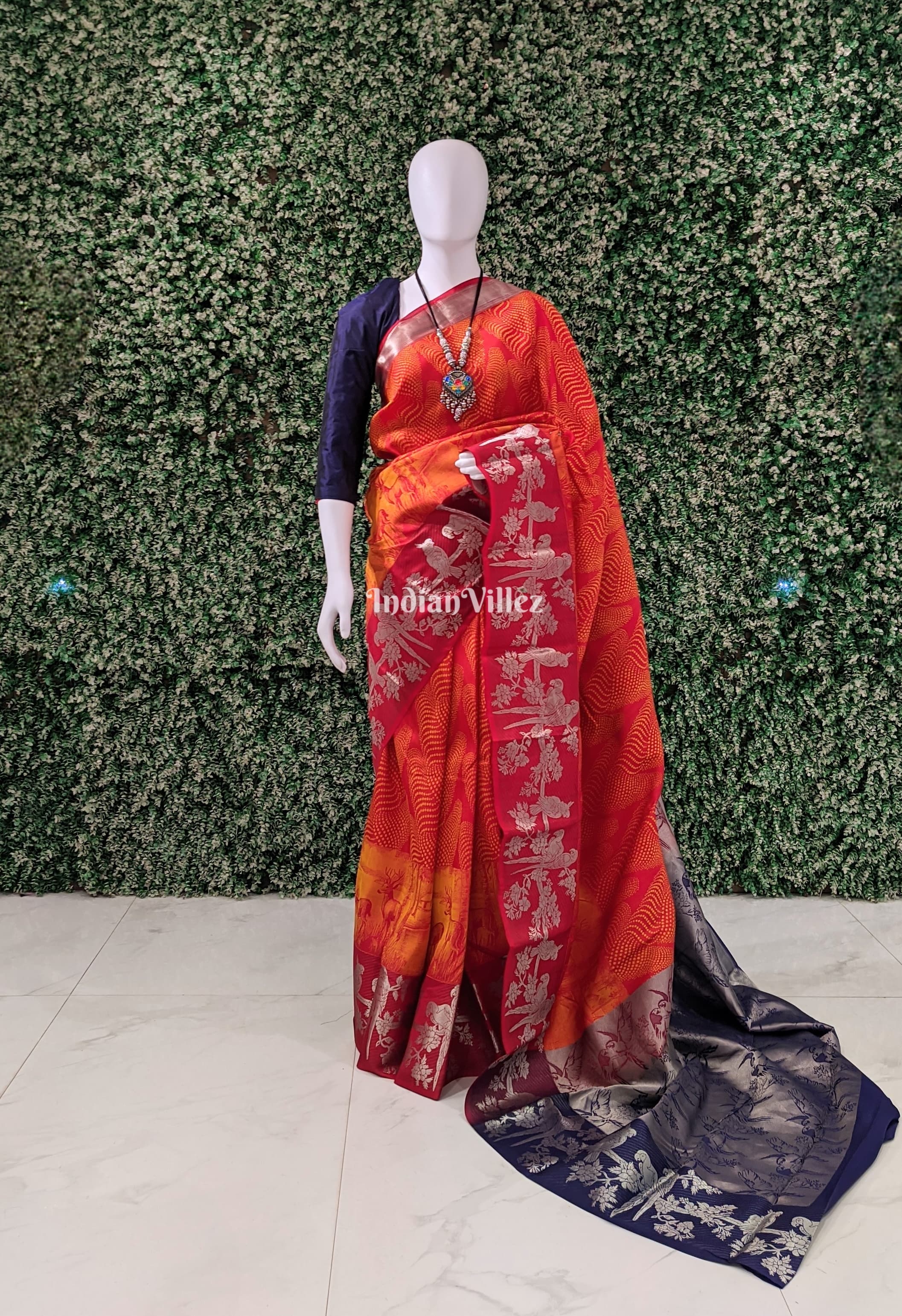 IndianVillèz Red Orange Forest Theme Pure Kanchipuram Silk Saree