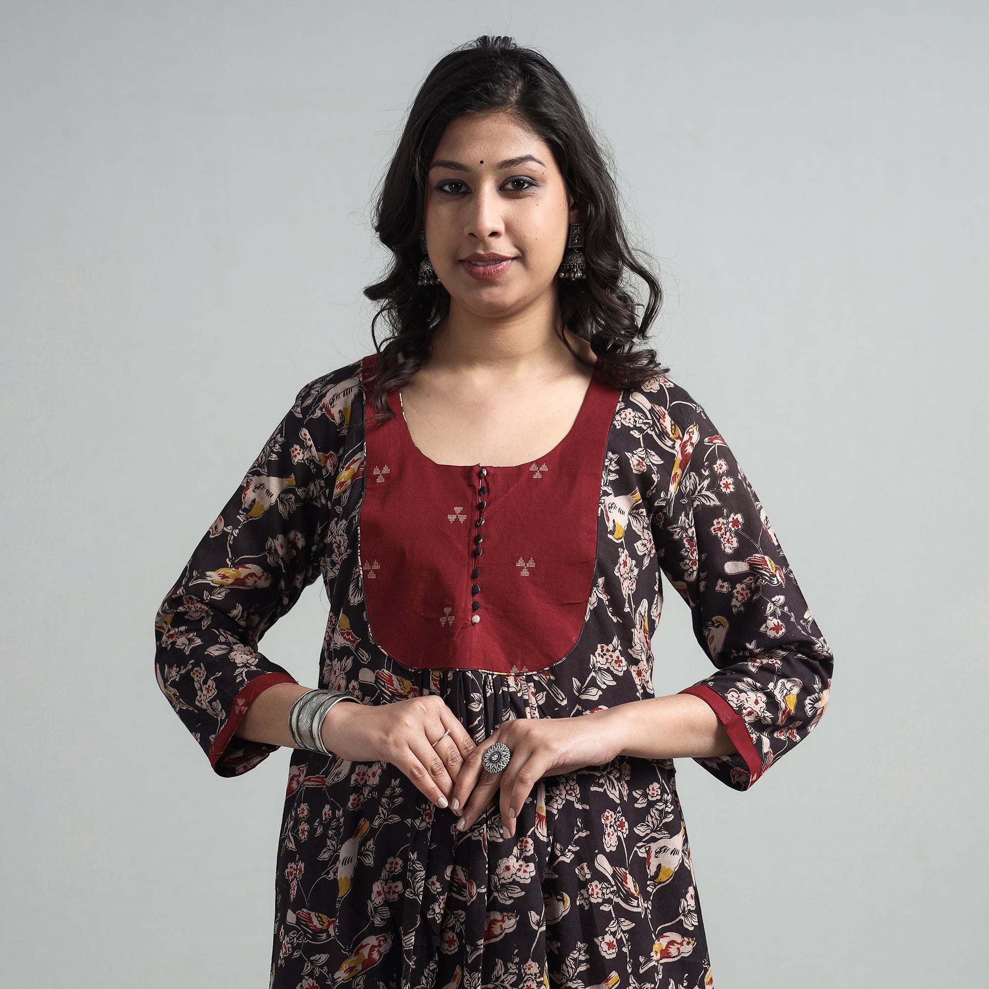 ITOKRI CASUALS Black - Kalamkari Printed Cotton A-Line Long Kurta with Patchwork