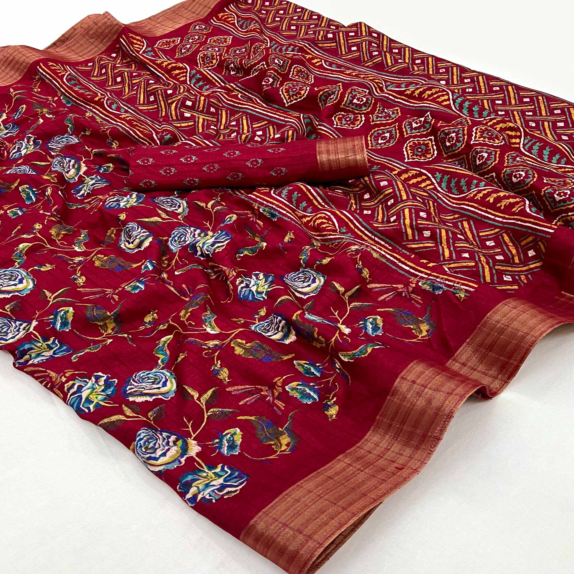 Peachmode Maroon Floral Printed Cotton Blend Saree