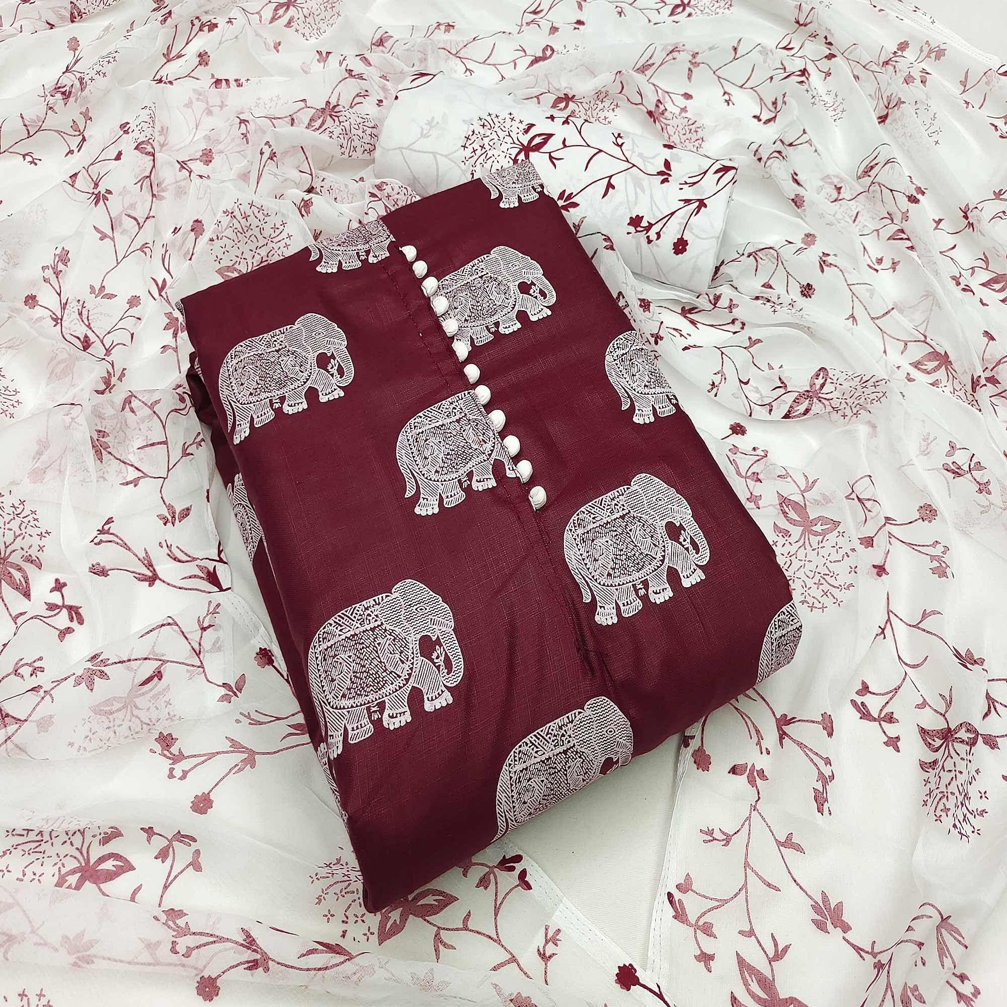 Peachmode Maroon Printed Cotton Blend Dress Material