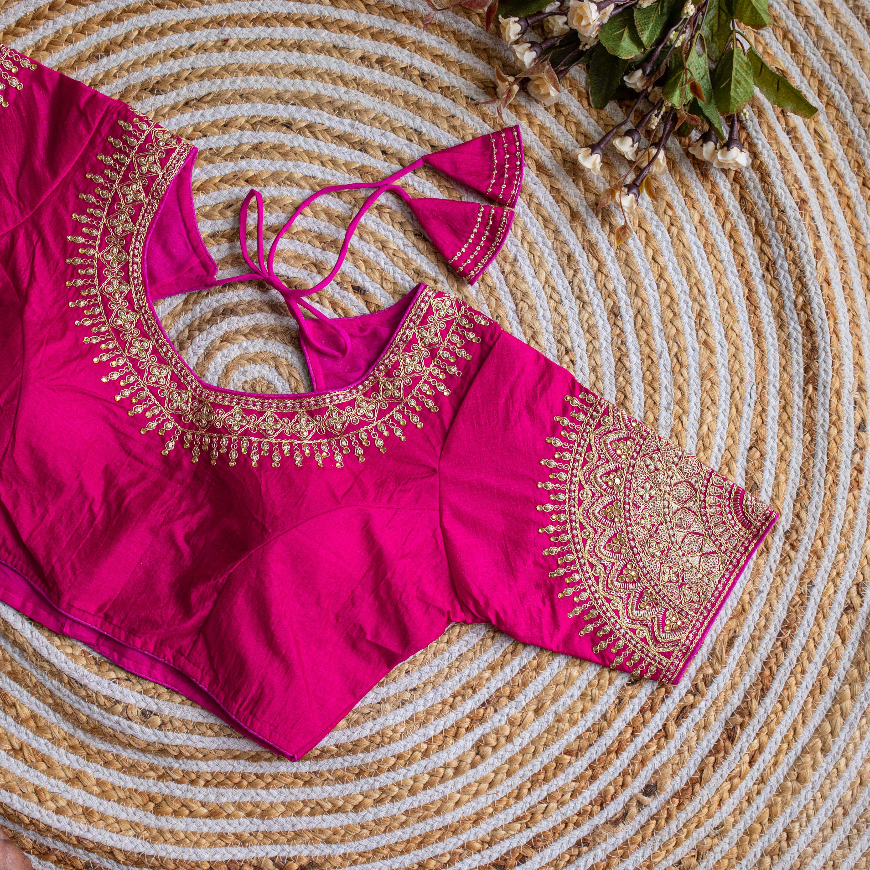 ClothsVilla Pink Luxurious Lucknowi Silk Blouse with Golden Embroidery and Sequins