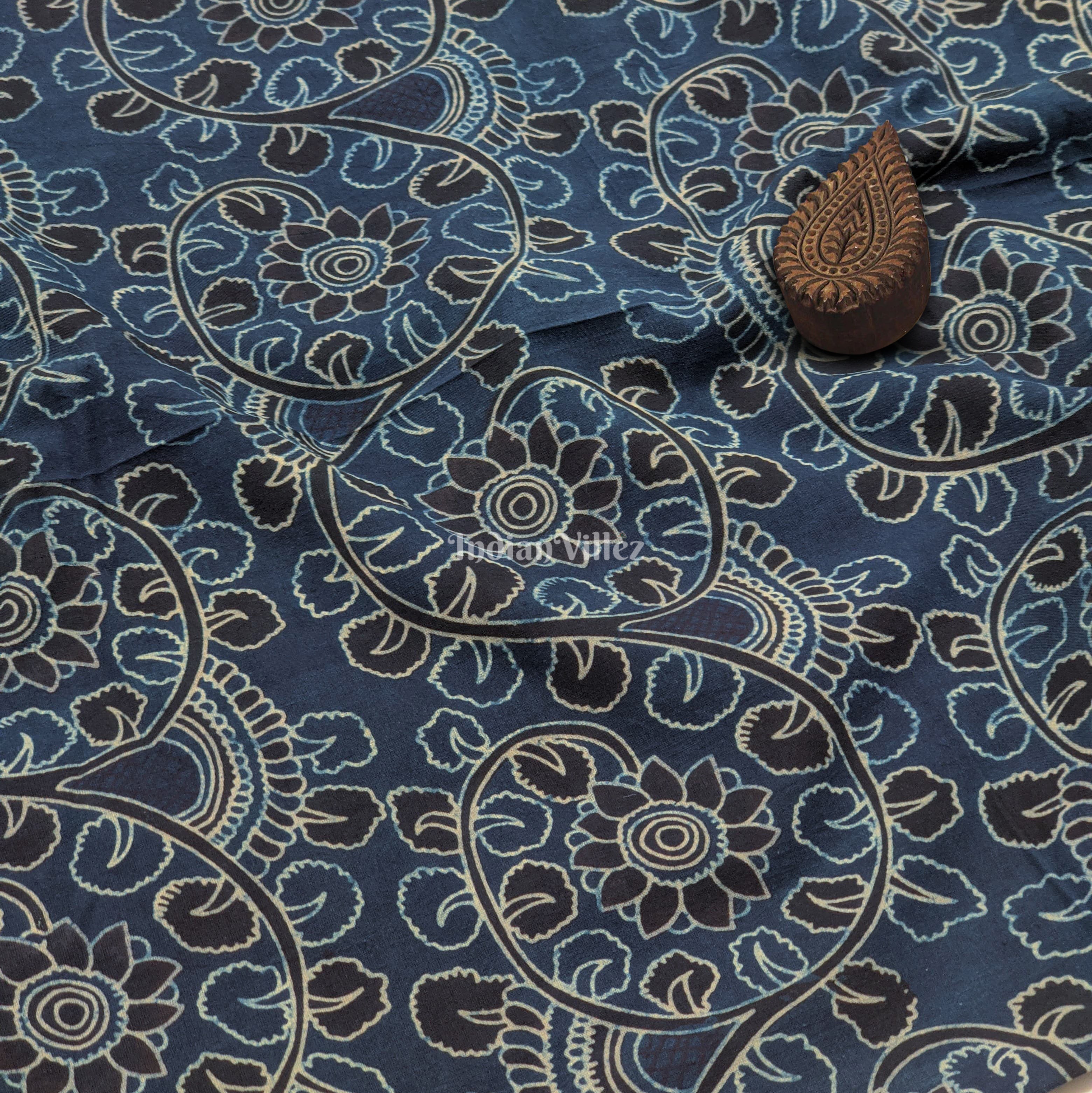 IndianVillèz Navy Blue Black Floral Hand Block Printed Cotton Fabric