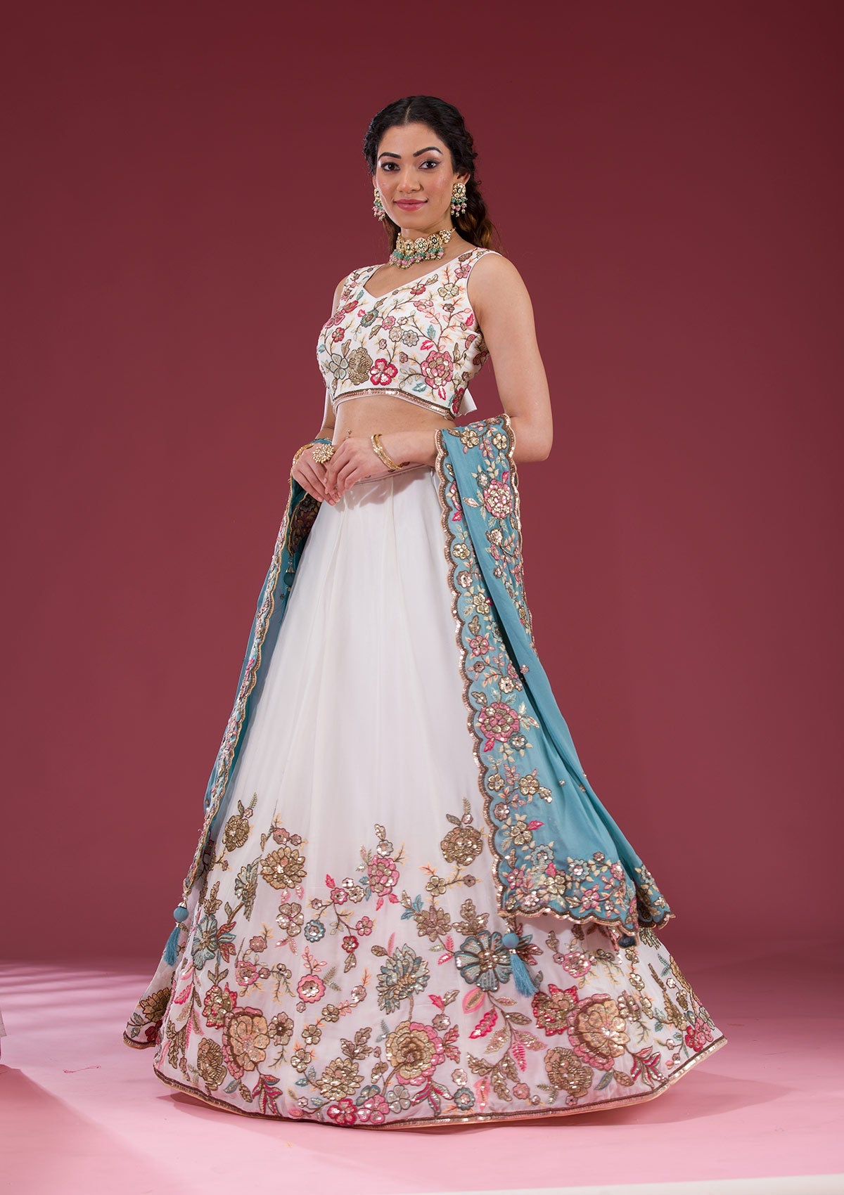 Koskii White Threadwork Georgette Readymade Lehenga