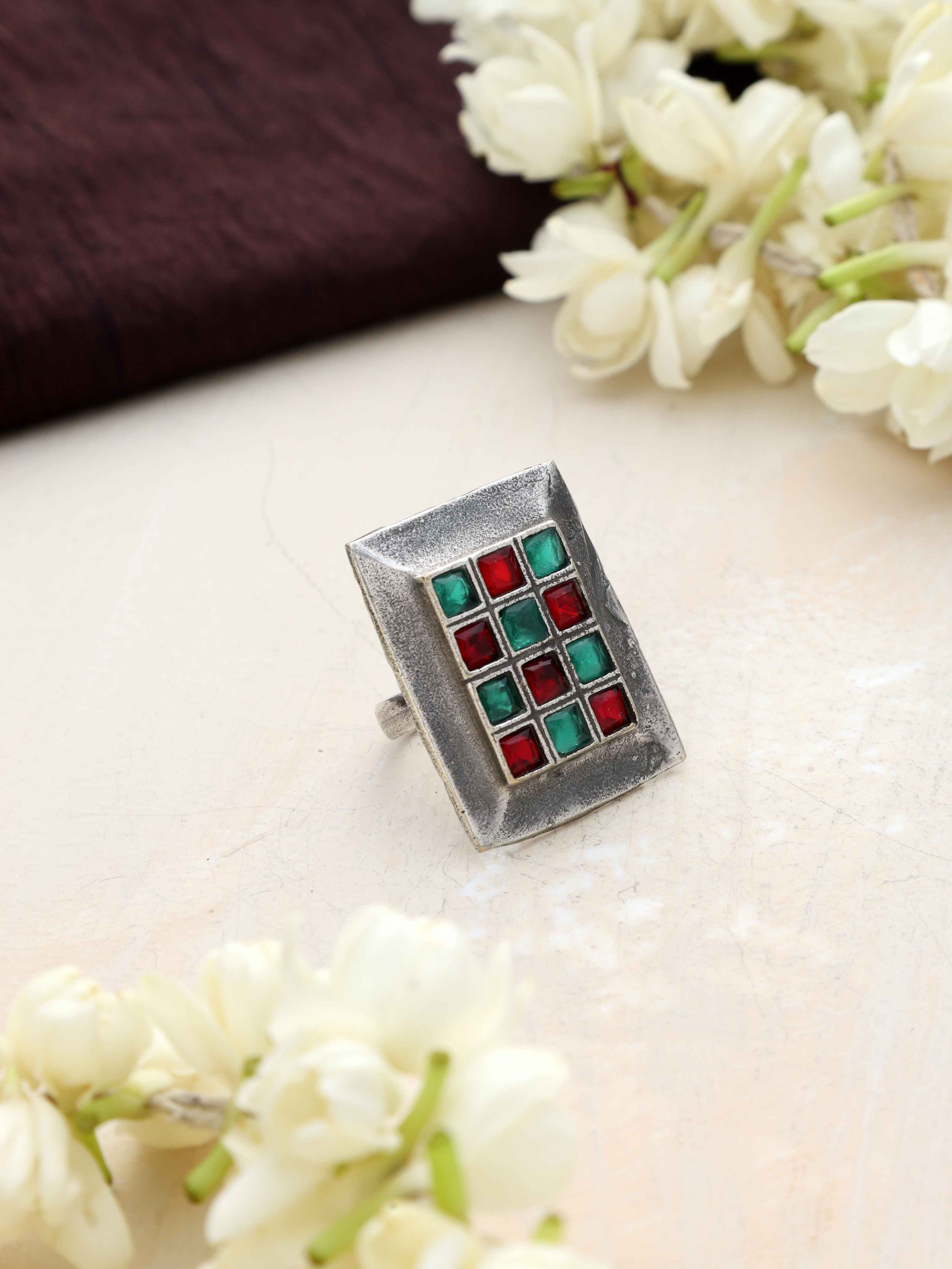 trueBrowns Silver Tone Rectangular Stone Ring - view 2