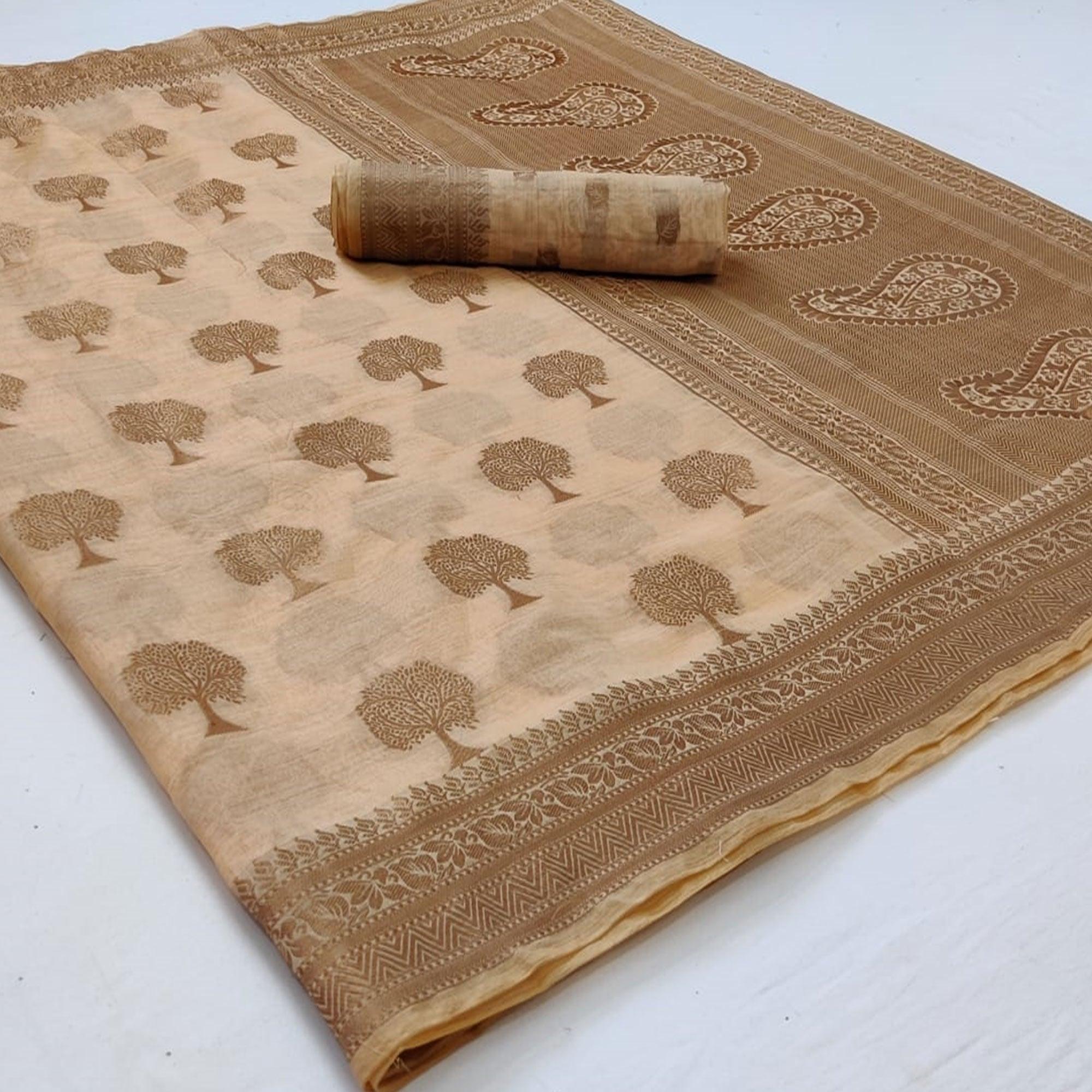 Peachmode Cream Festive Wear Woven Designer Jacquard Border Soft Organza Saree