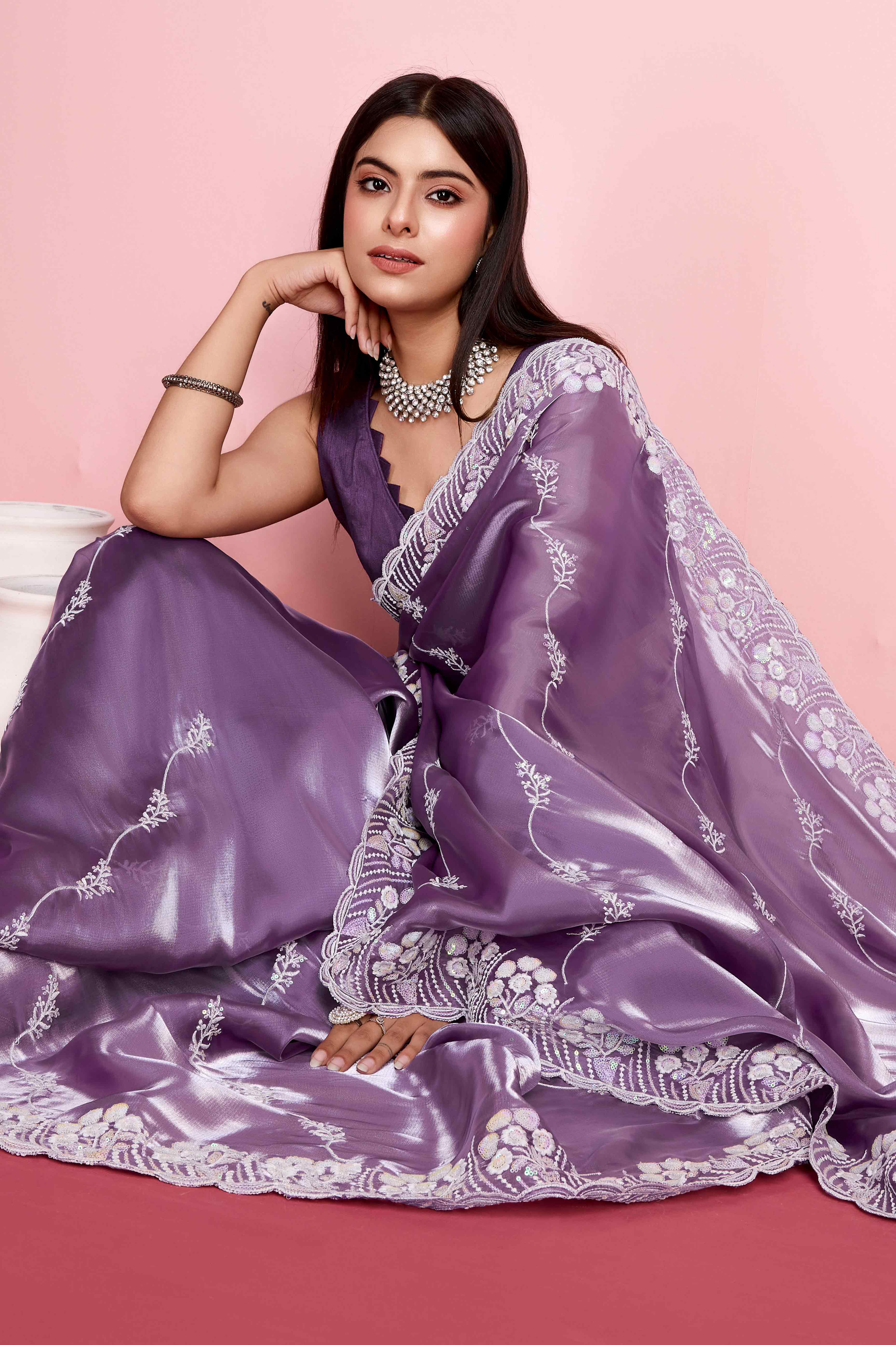 Peachmode Lavender Floral Sequins Embroidered Jimmy Choo Tissue Saree - view 5