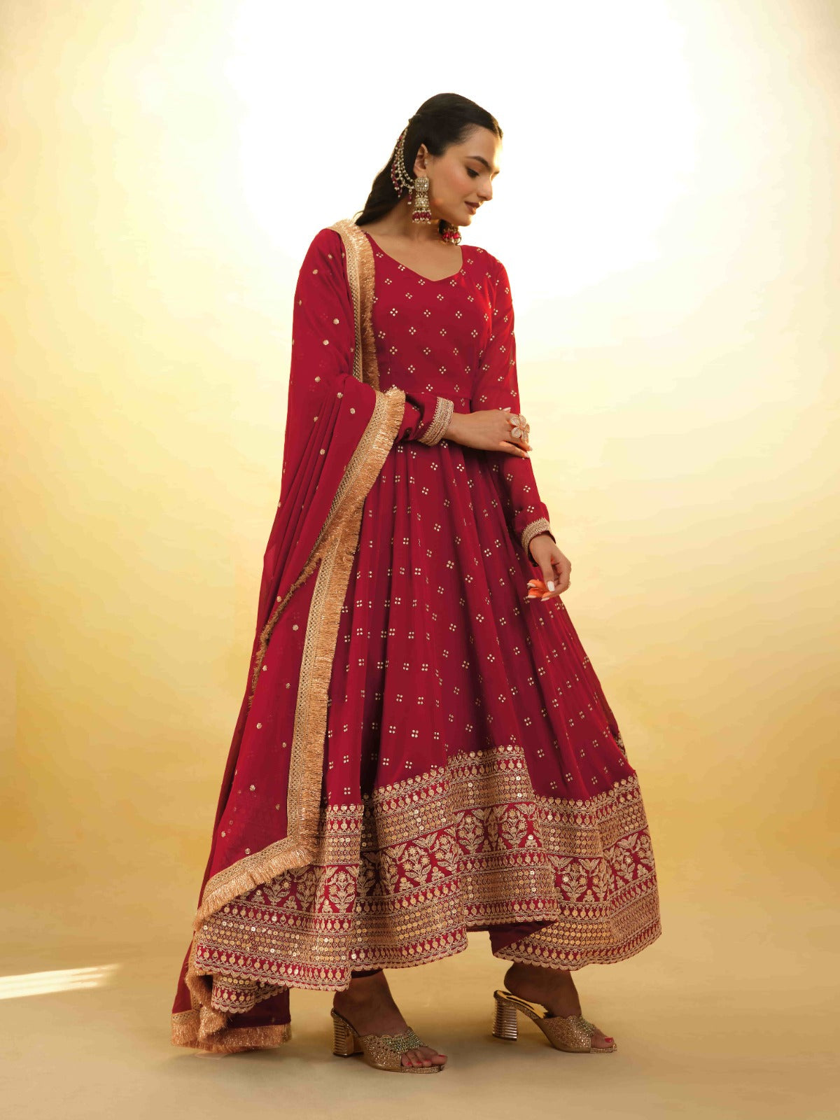 ClothsVilla Maroon Georgette Suit with Embroidery and Shantoon Bottom - view 4