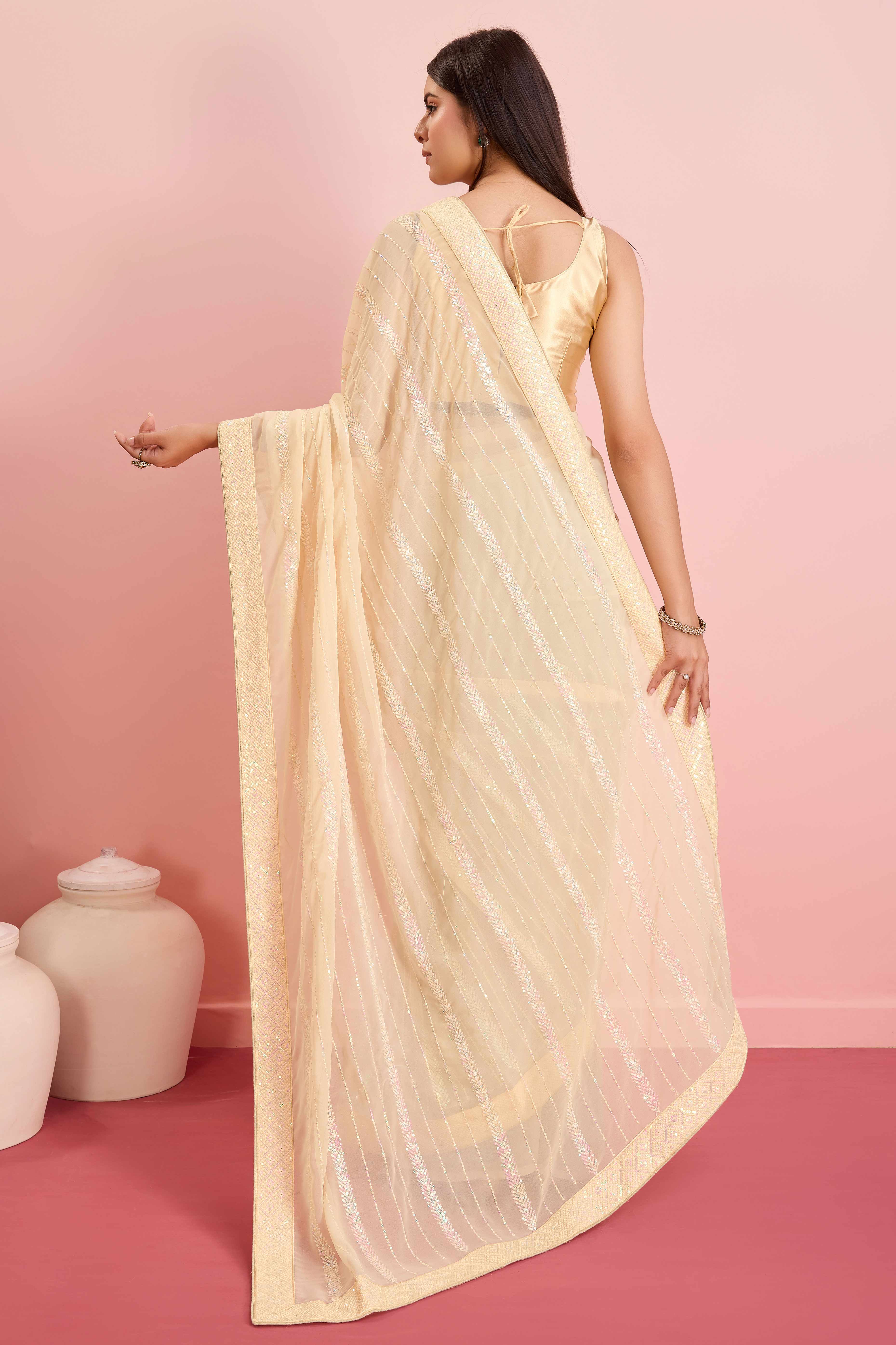 Peachmode Cream Sequins Embroidered Georgette Saree - view 5