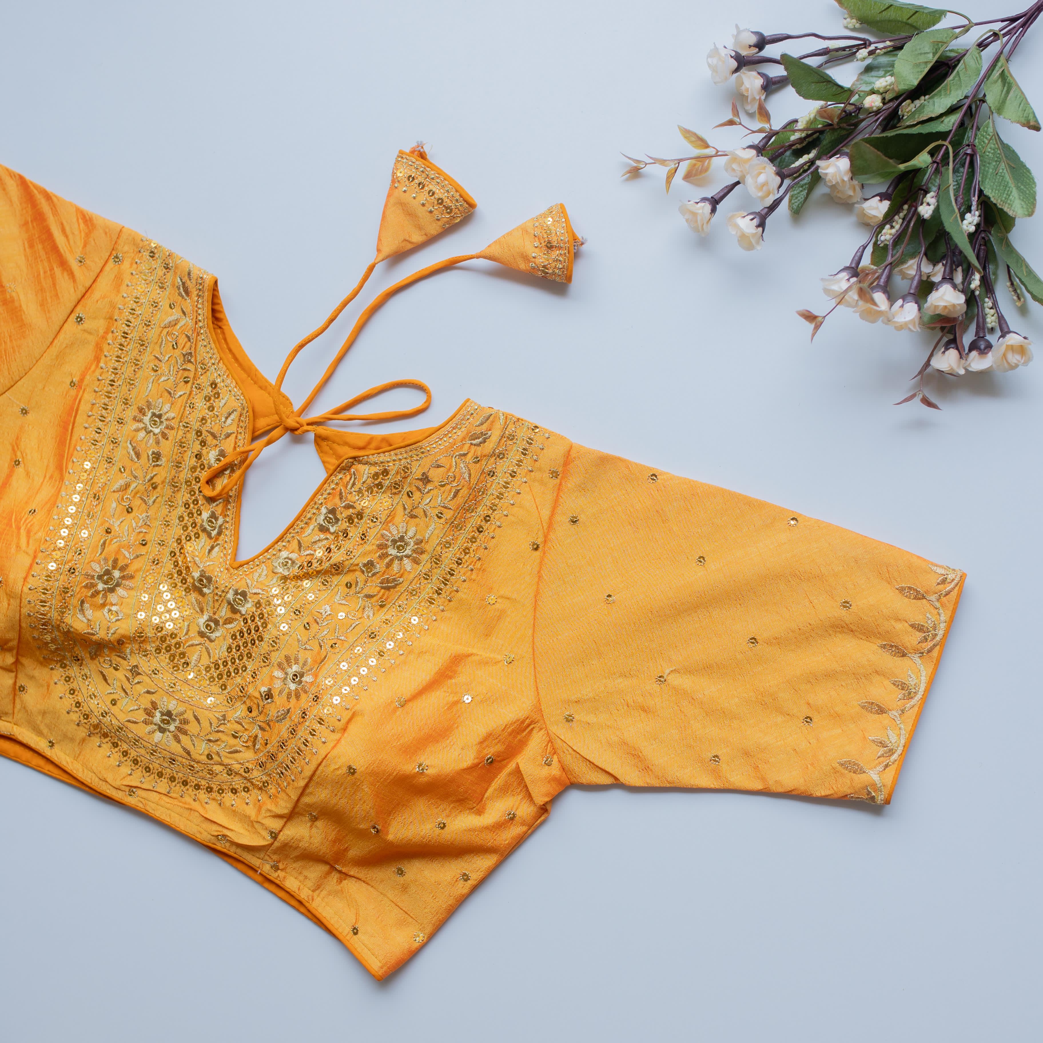 ClothsVilla Yellow Olive Silk Blouse with Golden Embroidery and Sequence Accents