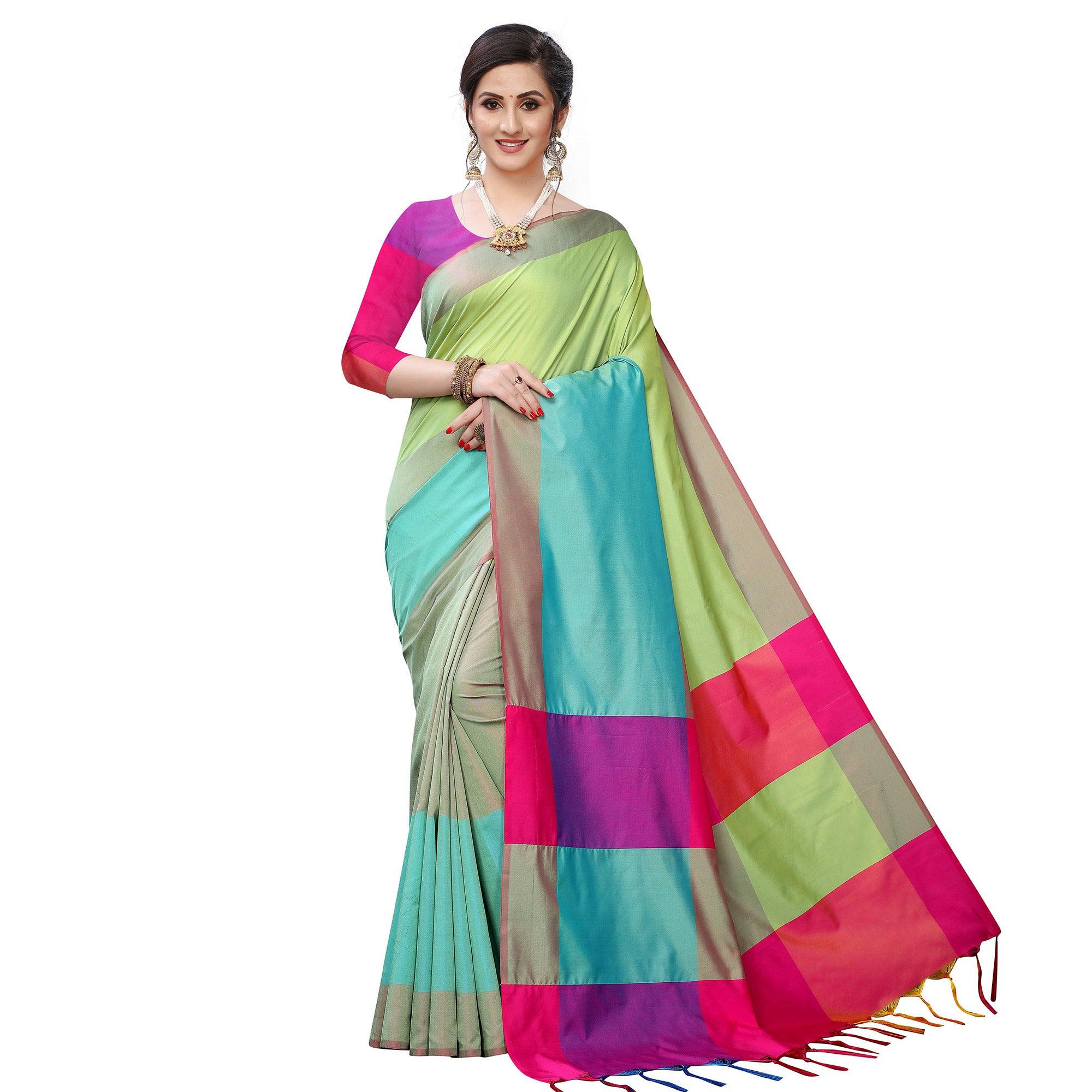Peachmode Lovely Parrot Green Colored Festive Wear Woven Sana Silk Saree