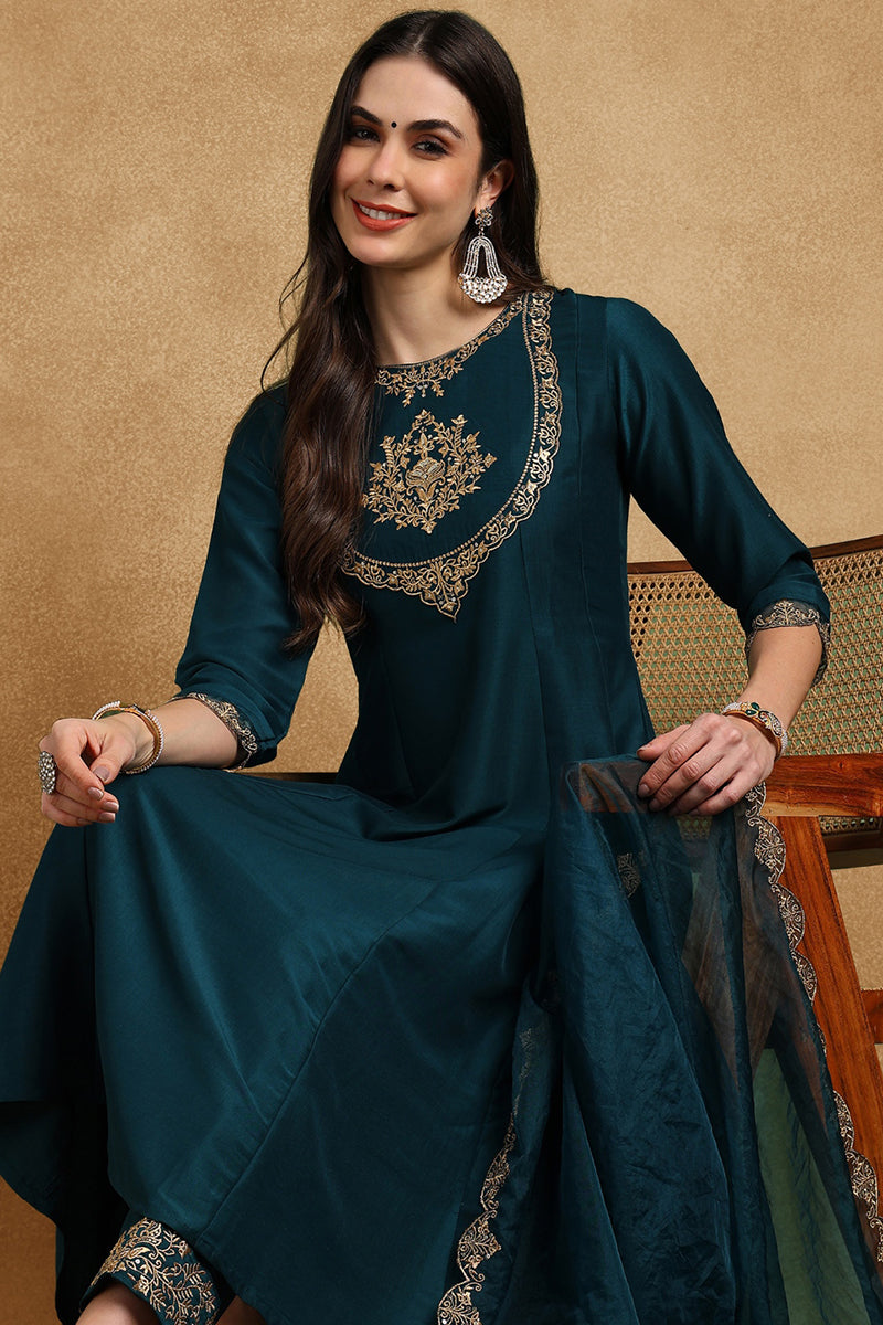 Ahika Teal Blue Silk Blend Solid Embroidered Anarkali Suit Set PKSKD2735 - view 7