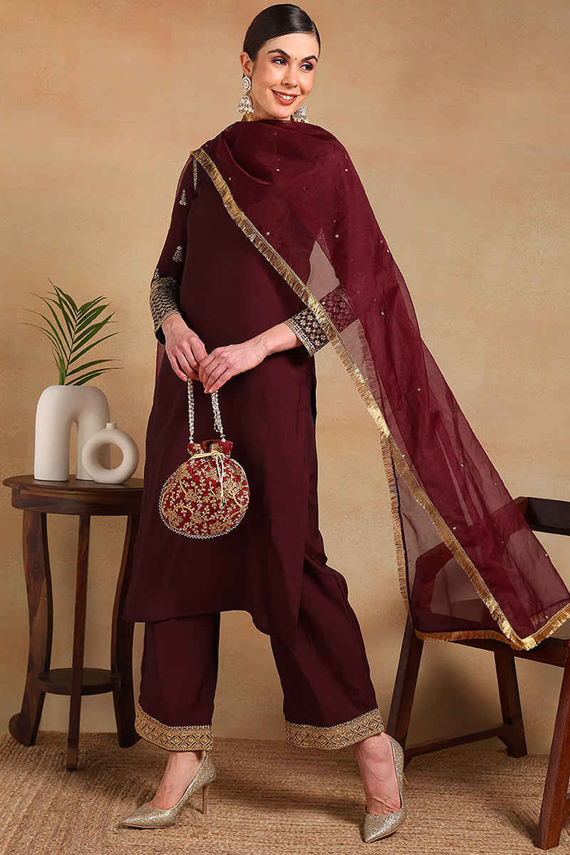 Ahika Burgundy Silk Blend Solid Embroidered Straight Regular Suit Set PKSKD2226