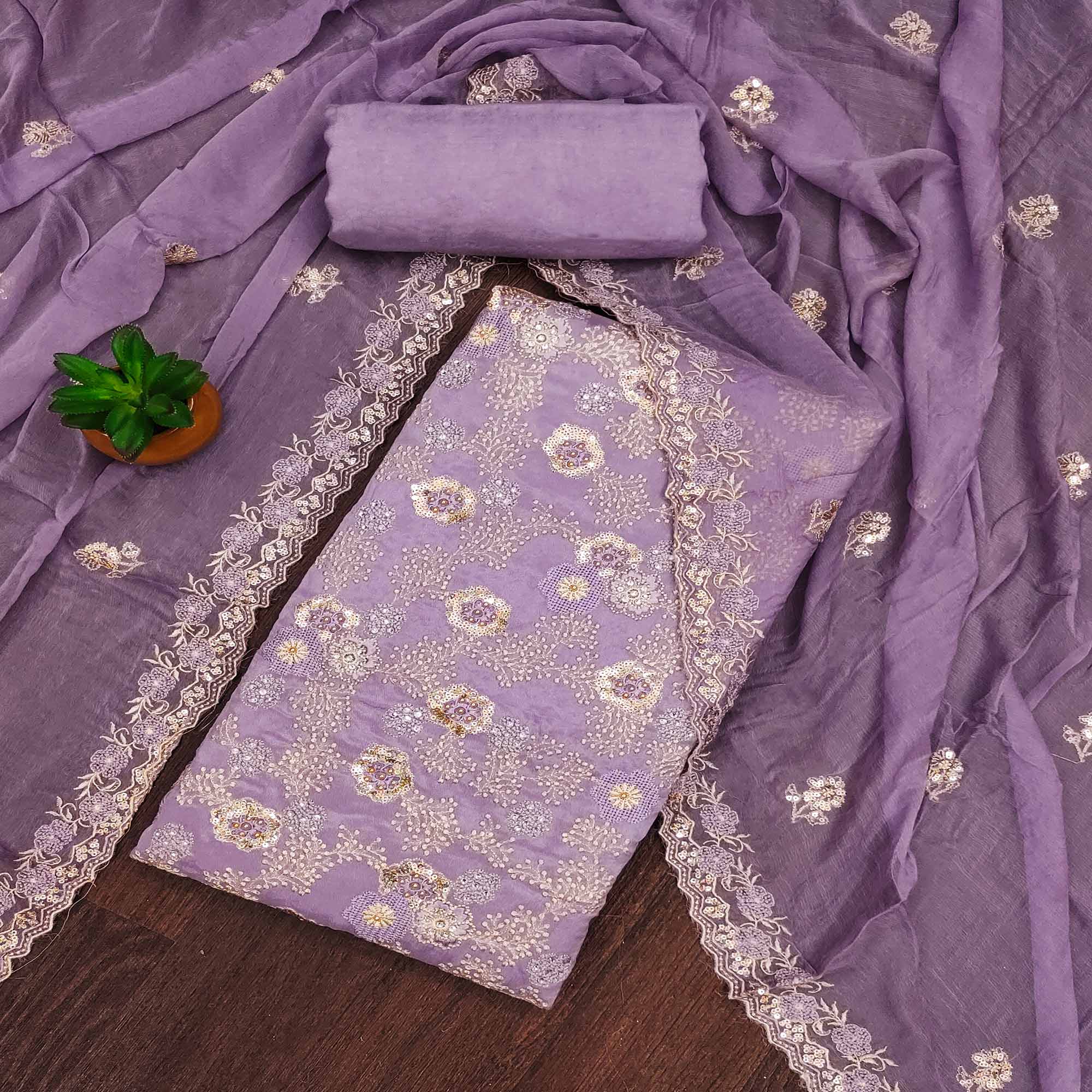 Peachmode Lavender Floral Embroidered Organza Dress Material