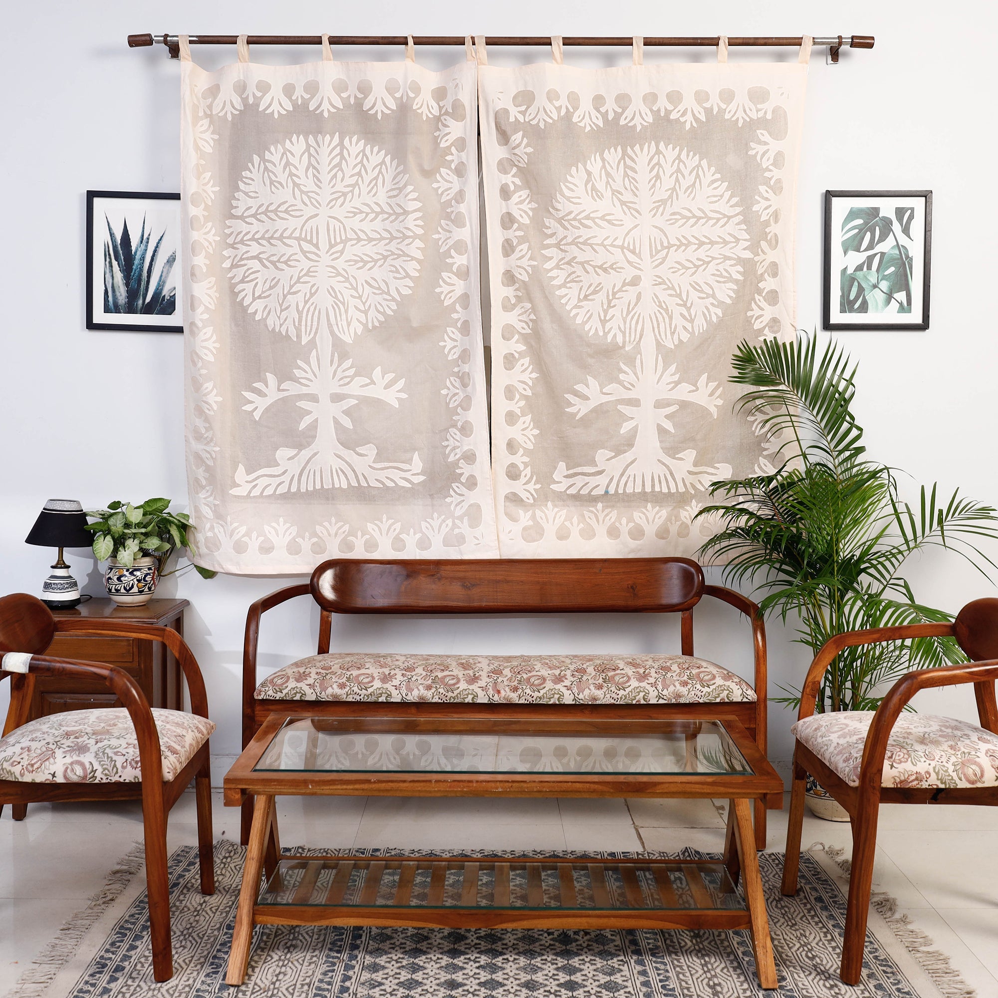 SHADES OF MARUDHARA Beige - Tree Cutwork Cotton Barmer Applique Window Curtain